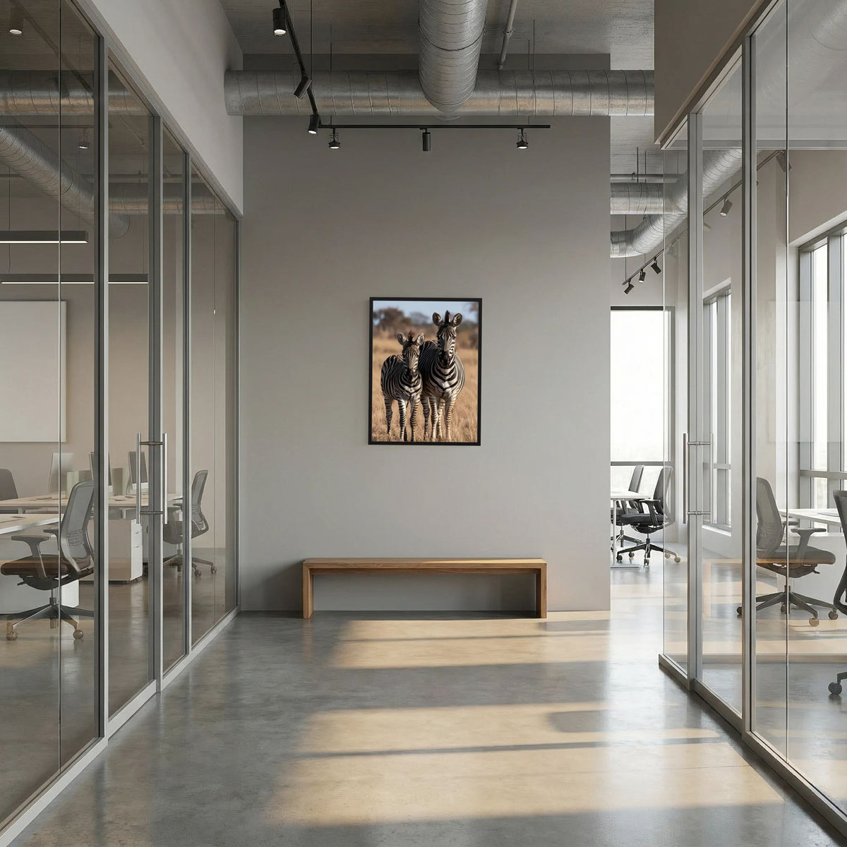 Poster im Hochformat mit Zebramutter und Jungtier, gerahmt im Büro-Stil