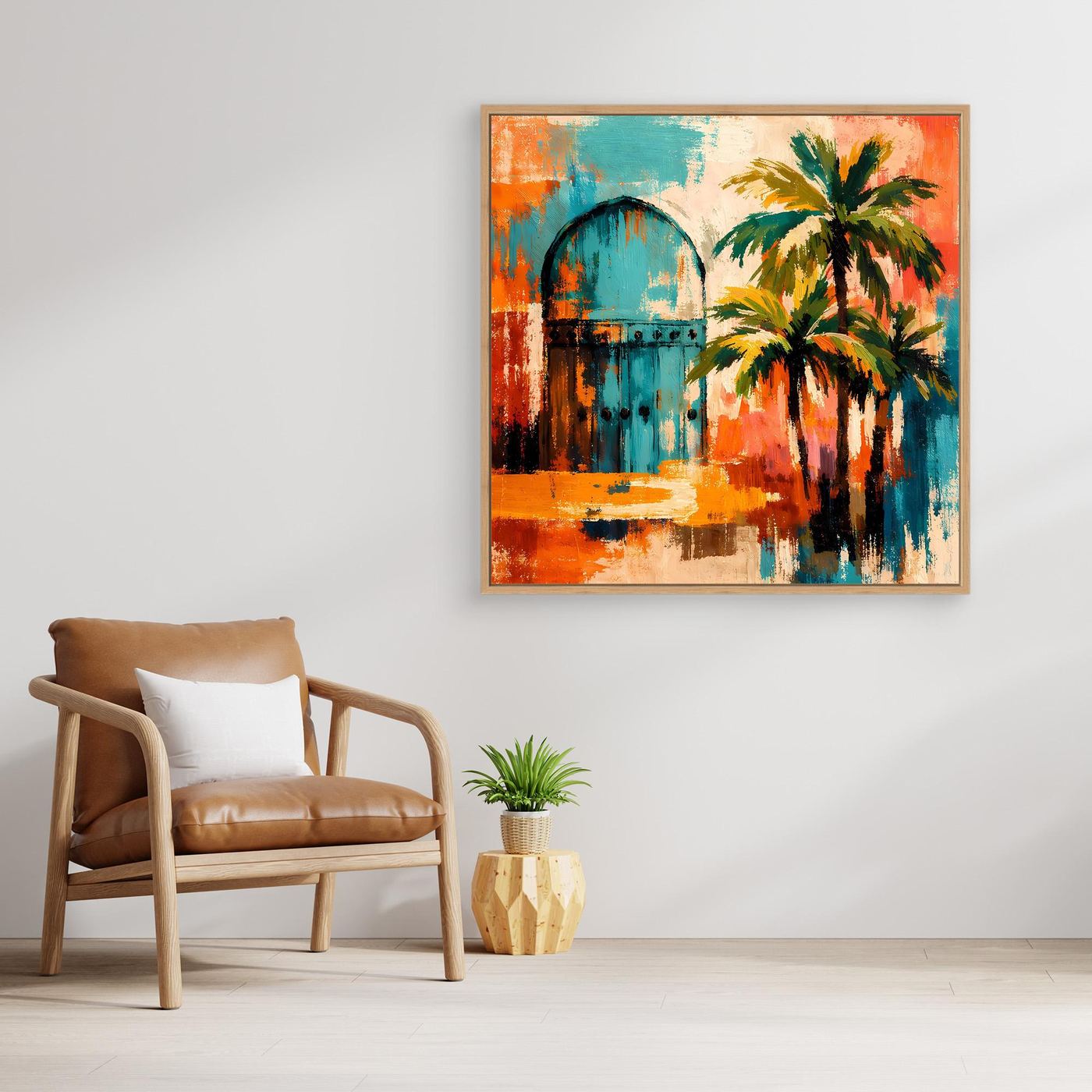 Gerahmtes Wandbild mit Palmen und Bogenmotiv in Orange und Türkis, goldener Rahmen
