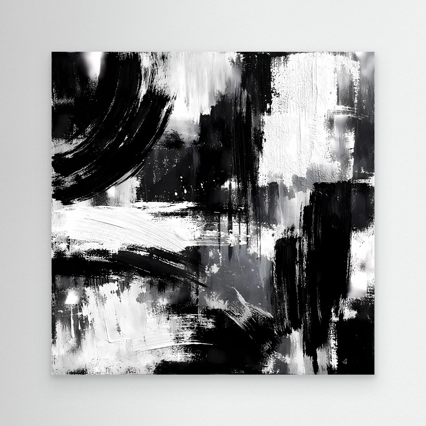 Abstract black-and-white canvas painting with bold brush strokes, unframed