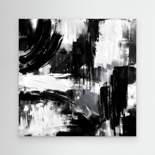 Abstract black-and-white canvas painting with bold brush strokes, unframed
