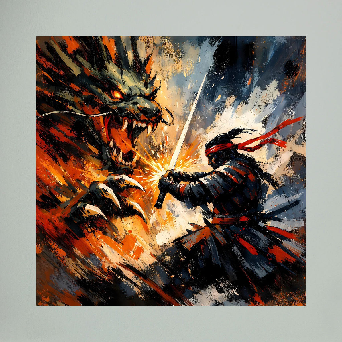 Nahansicht Leinwand-Wandbild: Drache und Samurai im Kampf, orange, blau und schwarz gesprenkelt