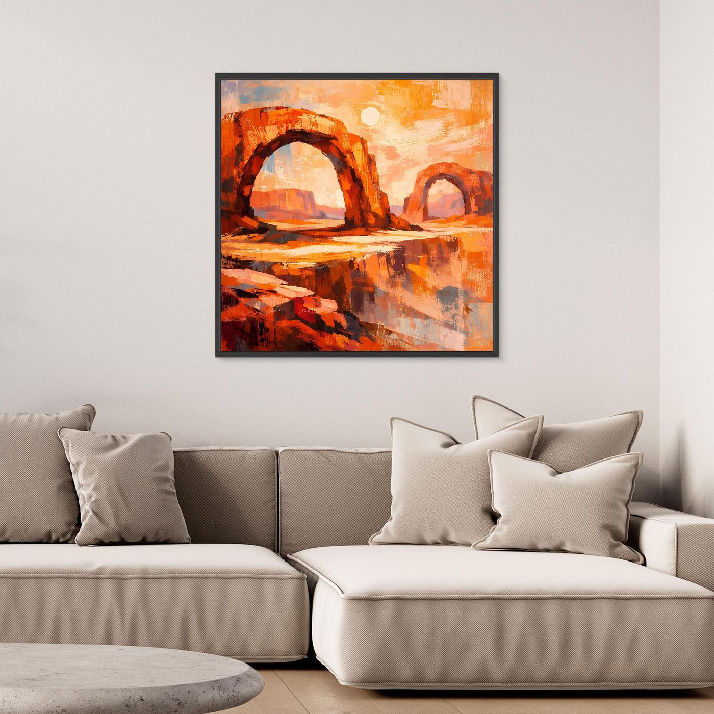 Quadratisches Leinwand-Wandbild mit orange-roten Felsstrukturen und hellen Sonnenreflexen.