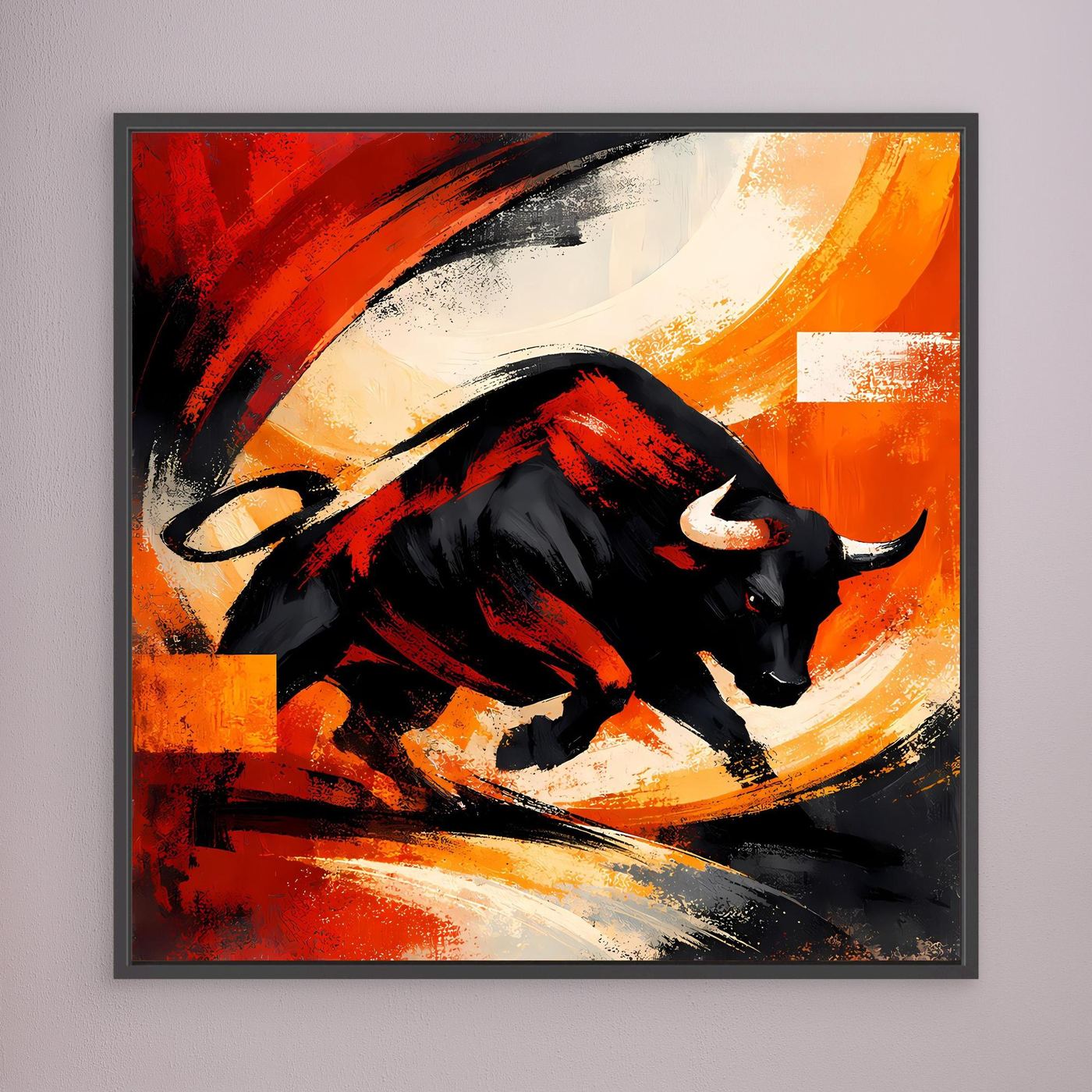 Leinwandbild mit schwarzem Stier in Rot-Orange-Abstrakt, mit dunklem Rahmen