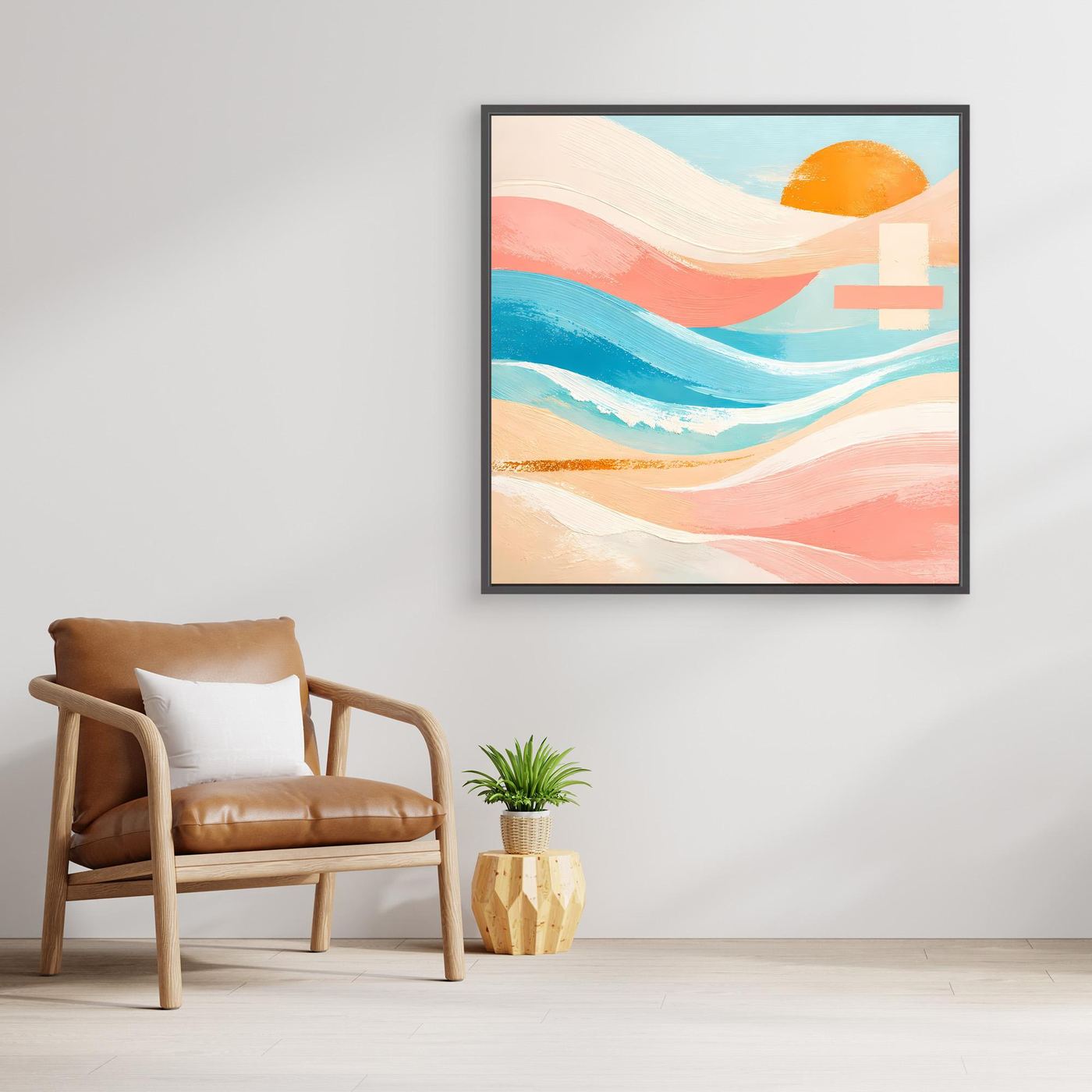 Quadratisches Leinwandbild mit Pastellwellen und orangefarbener Sonne, abstrakt, schwarzer Rahmen