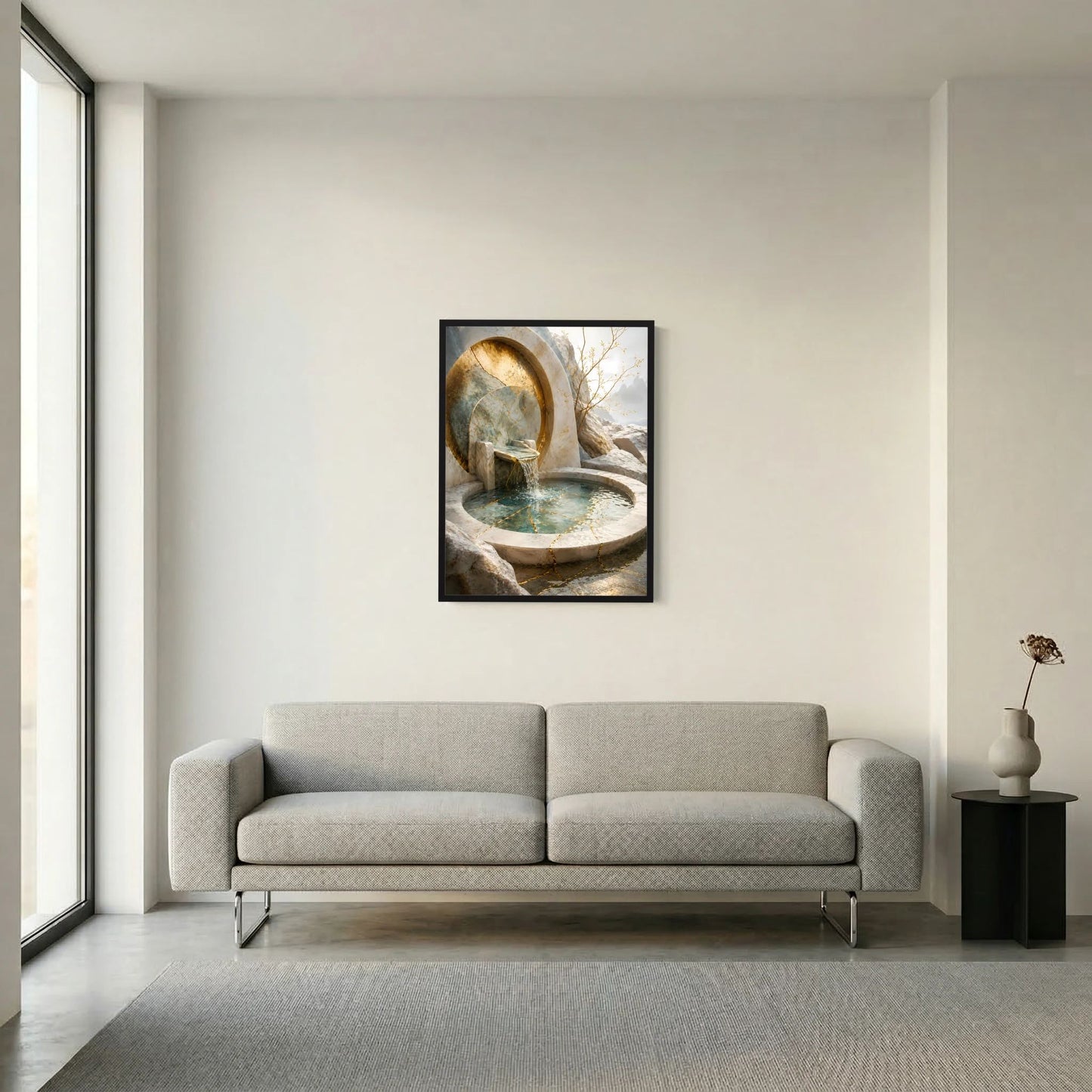 Hochformat-Poster: goldener Brunnenbogen über Steinbecken mit türkisfarbenem Wasser
