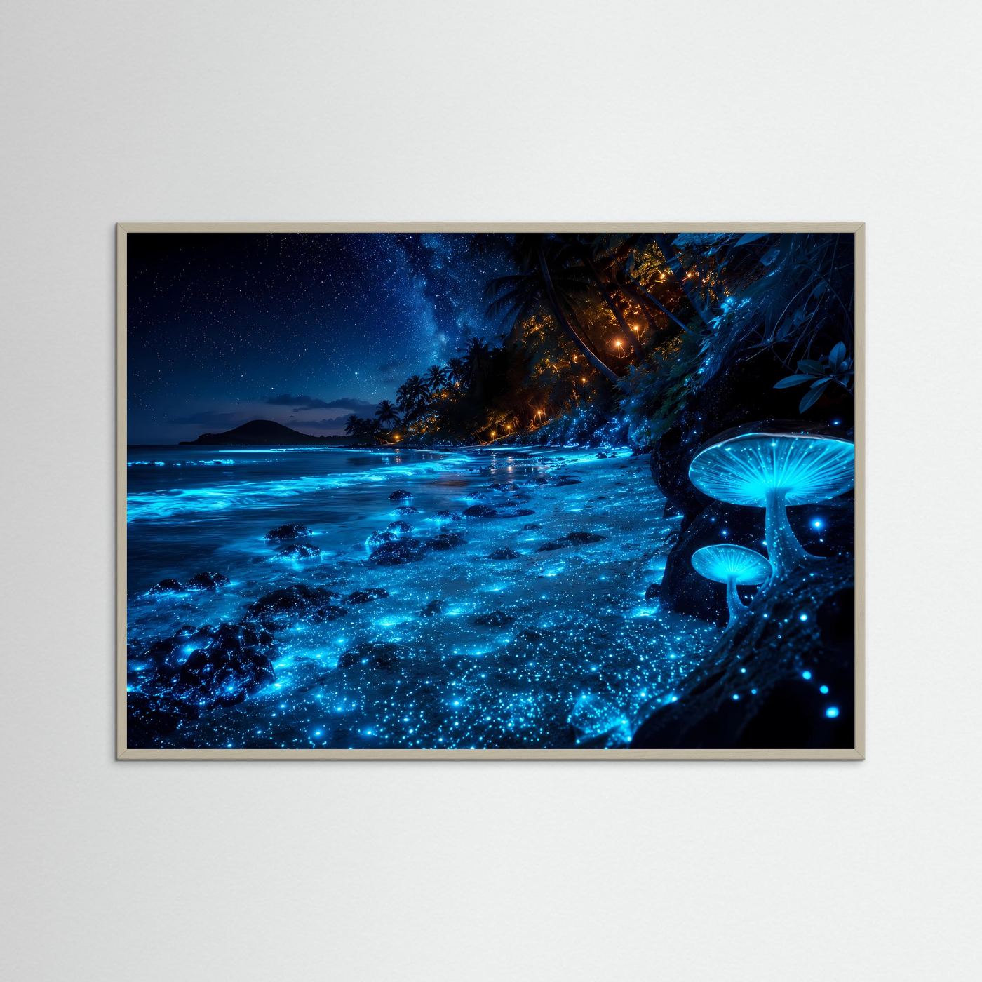 Leuchtender Nachtstrand Poster | Biolumineszenter Strand mit Sternenhimmel | Tropische Küste Wandbild | Magische Meereslandschaft | Moderne Wall Art