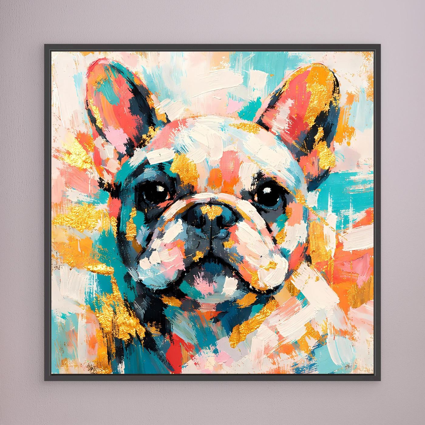 Leinwandbild: abstrakte Französische Bulldogge, bunte Farben, schwarzer Rahmen