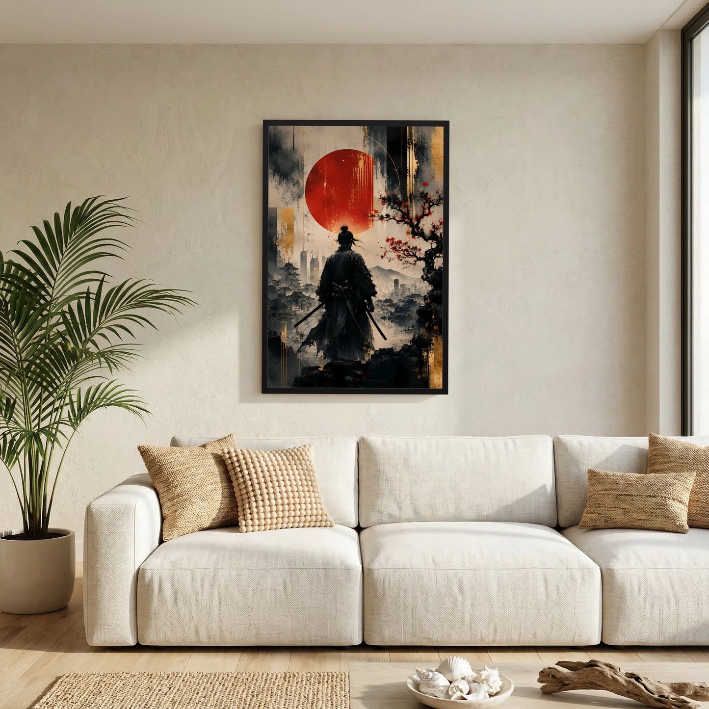 Hochformatiges Kunstposter im schwarzem Rahmen: Samurai vor roter Sonne, Schwert sichtbar
