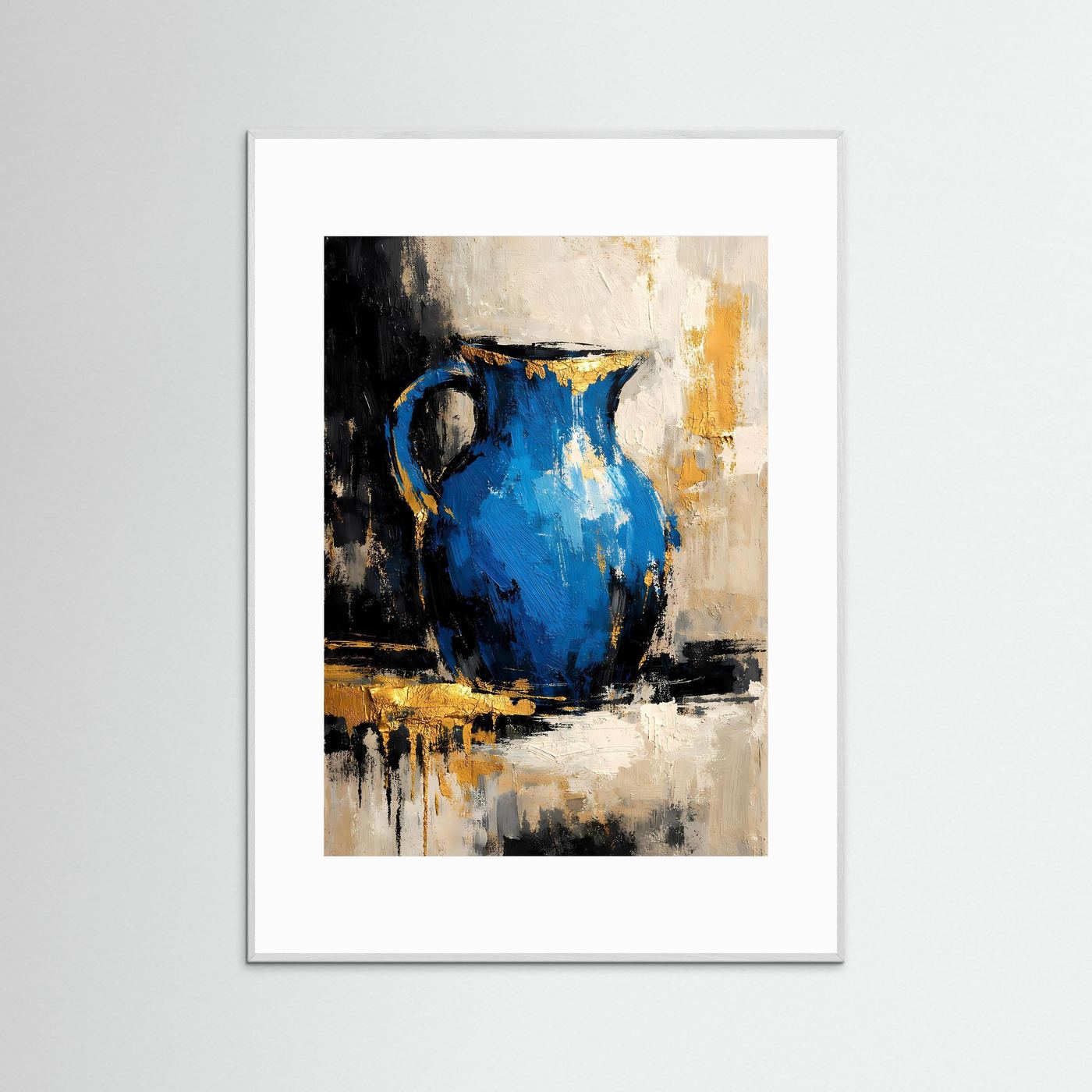 Hochformat Kunstposter mit abstraktem Krug: azurblau, goldene Akzente, silberner Rahmen
