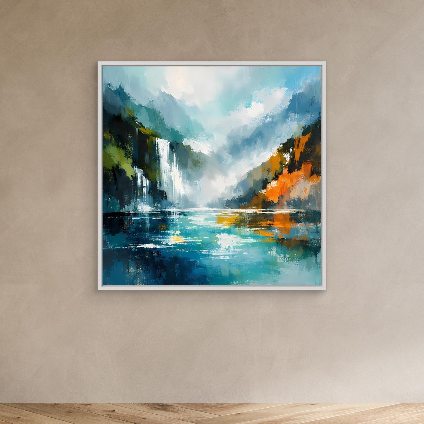 Abstraktes Wandbild mit Wasserfall und Fjord, türkis/blau, weißer Rahmen.