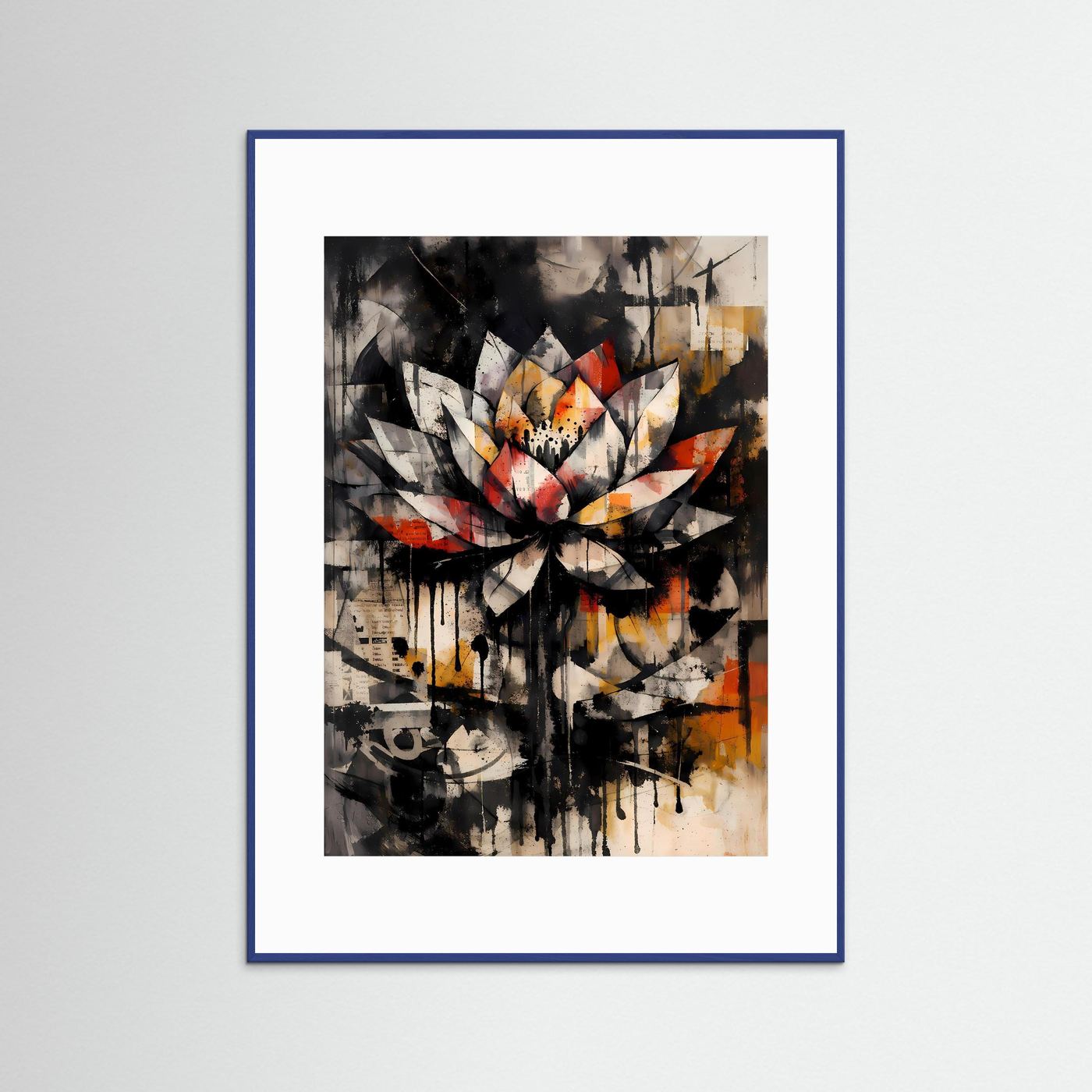 Die Kraft der Reinheit | Abstraktes Lotus Poster in Schwarz, Weiß & warmen Akzenten | Expressives Urban Art Kunstposter Hochformat