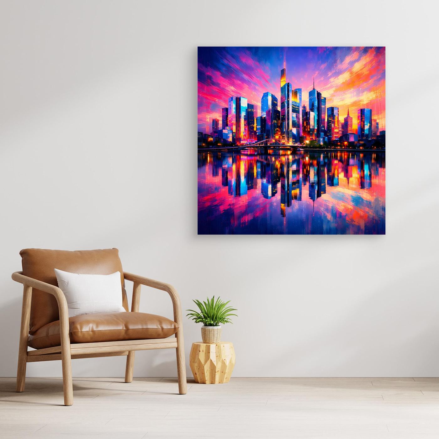 Leinwand Farbenfrohe Frankfurt Skyline bei Sonnenuntergang | Modernes Wandbild