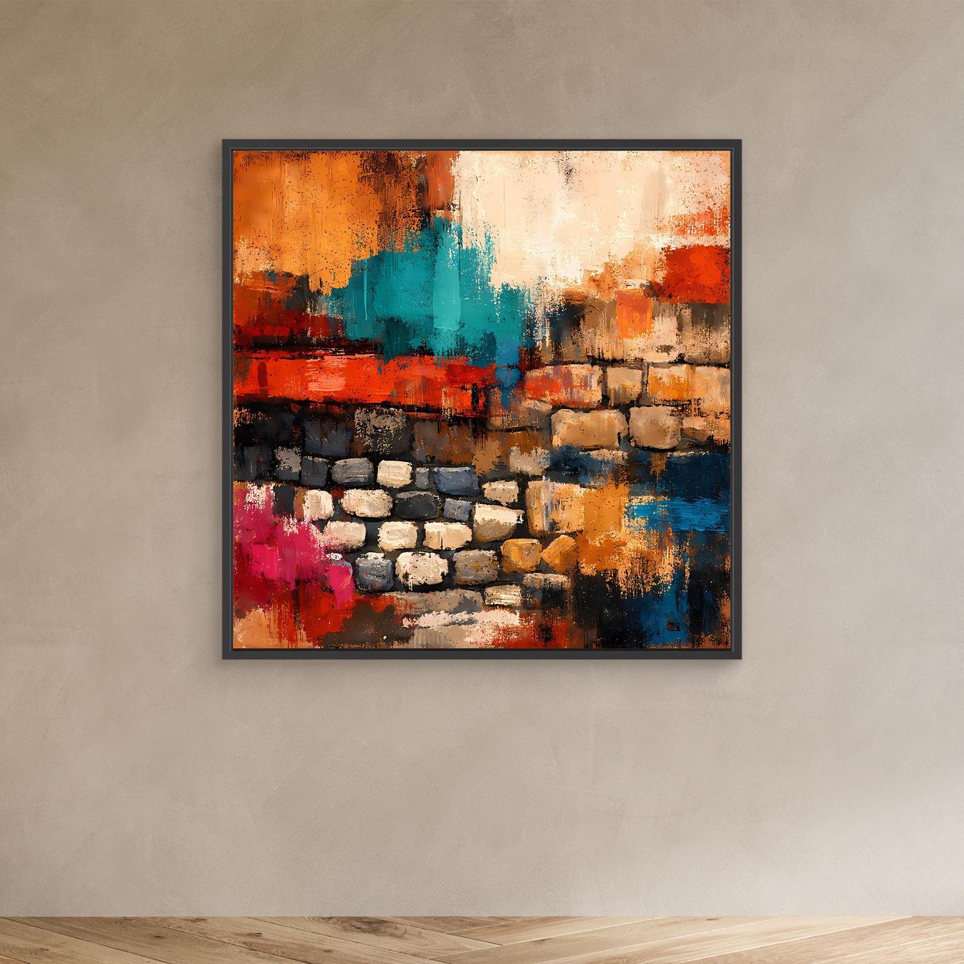 Wandbild mit abstrakter Steinmauer, orange, türkis, rot und blau, dunkel gerahmt