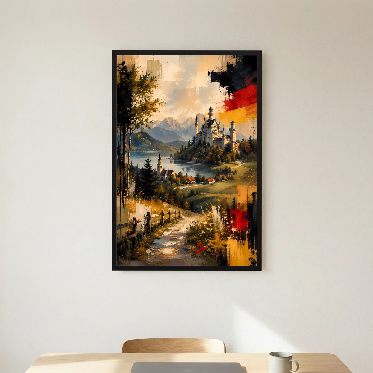 Kunstposter im Hochformat mit schwarzem Rahmen: abstrakte Berglandschaft mit Schloss, Weg und See