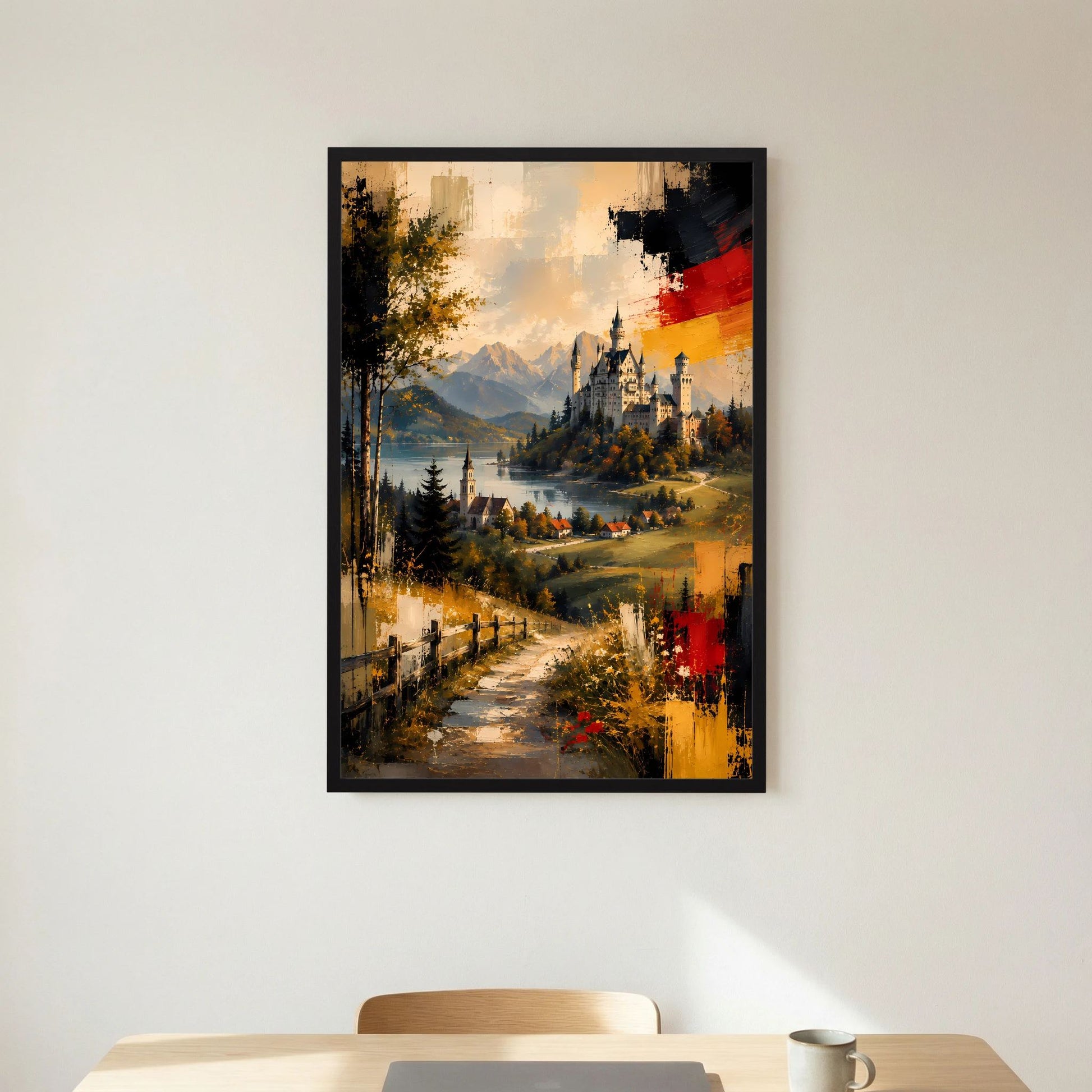 Kunstposter im Hochformat mit schwarzem Rahmen: abstrakte Berglandschaft mit Schloss, Weg und See