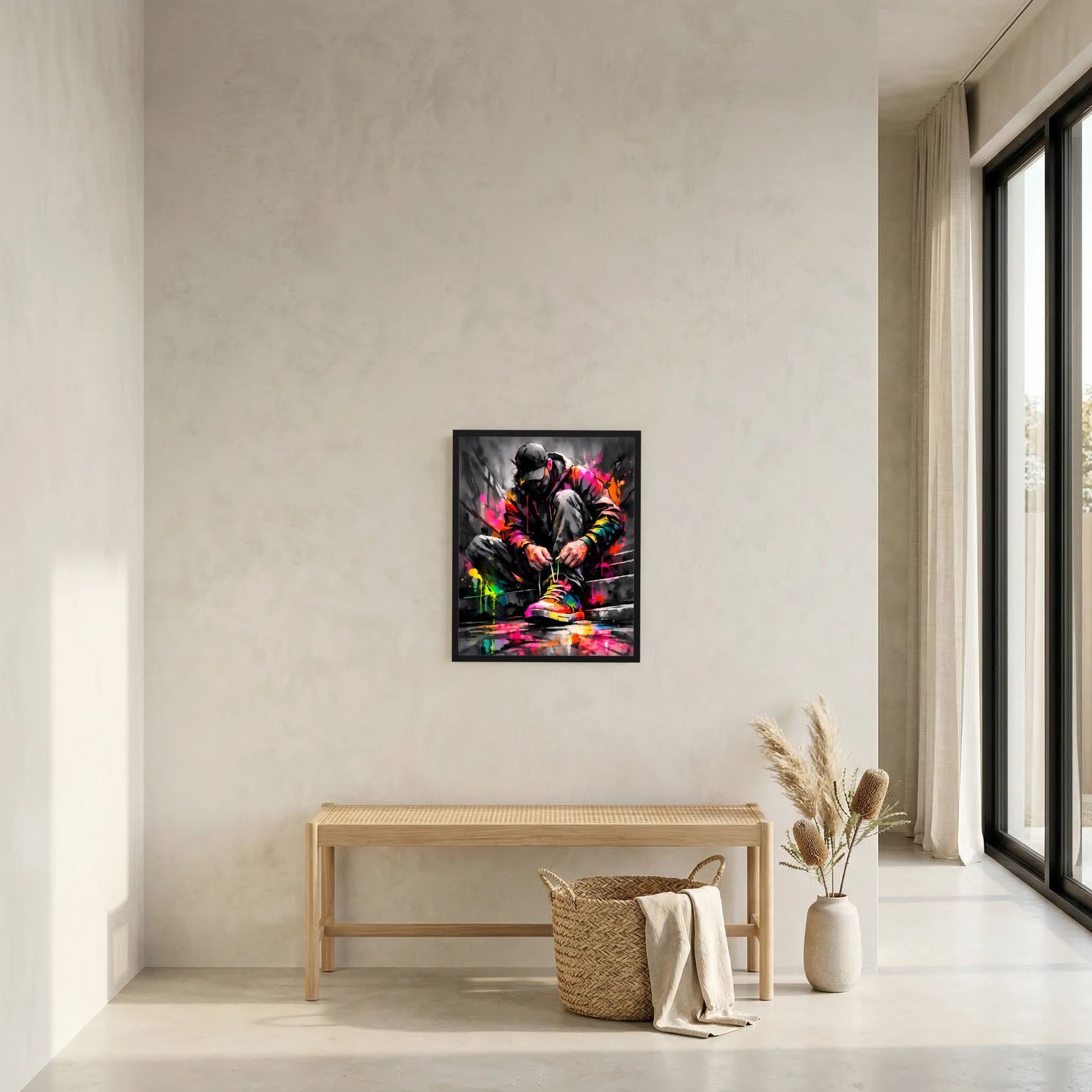 Gerahmtes Hochkantposter an der Wand: Person mit Kopfhörern und bunten Schuhen