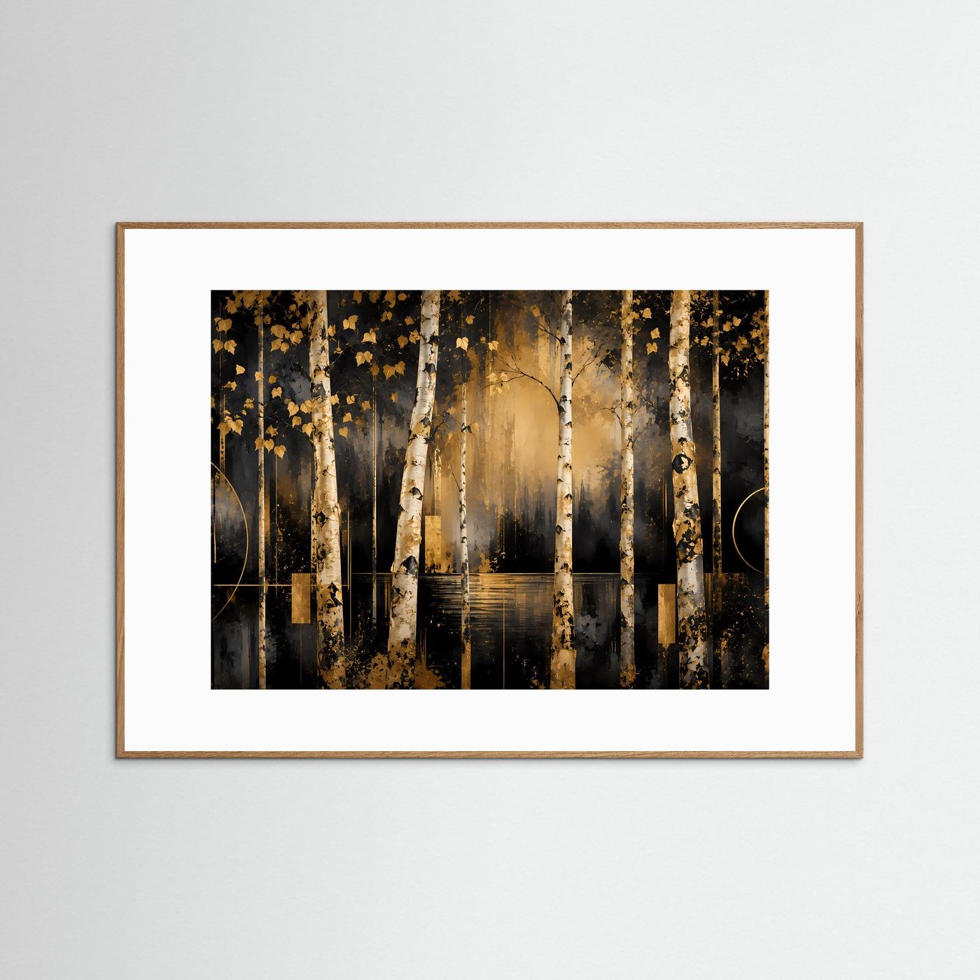 Poster im Querformat: Birkenwald mit goldenen Blättern, goldene Akzente, brauner Rahmen