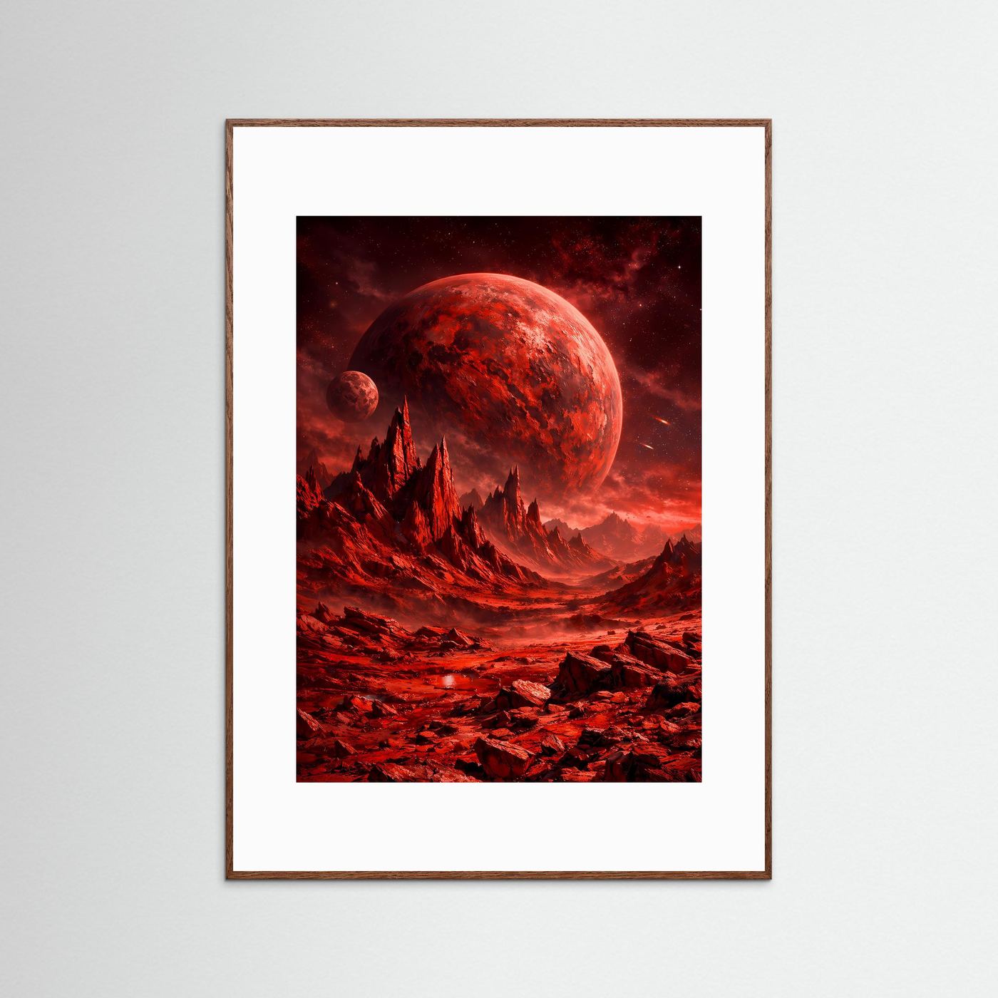Sci-Fi-Kunstposter: roter Planet und Mond über roter Gebirgslandschaft, braun gerahmt