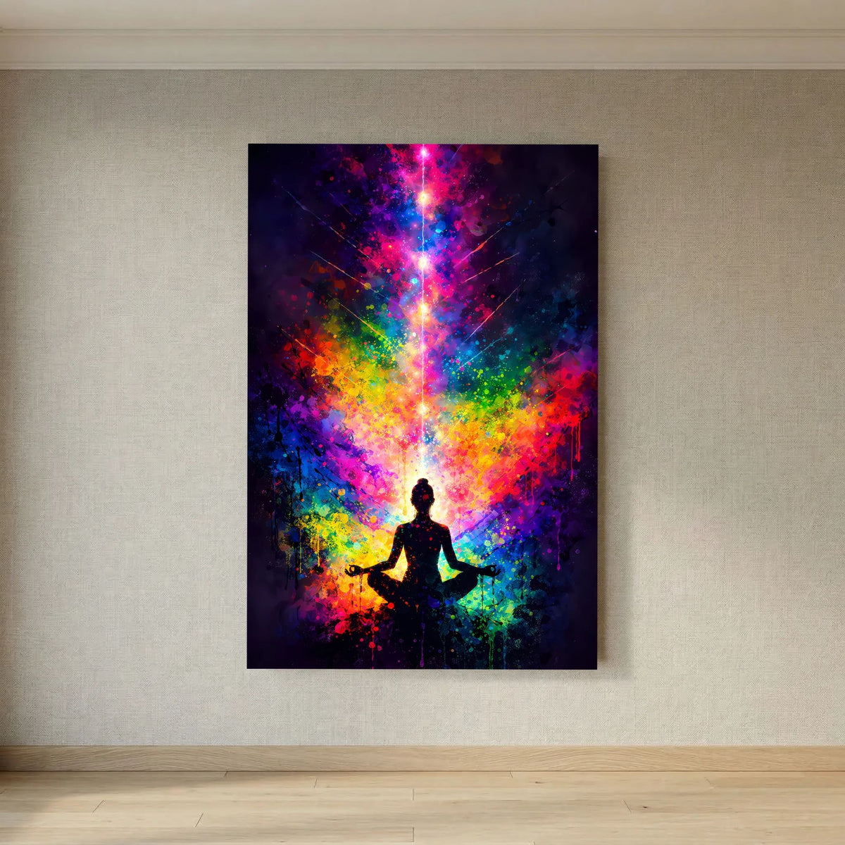 Hochformatiges Poster: schwarze Meditationssilhouette, umgeben von Regenbogenenergie