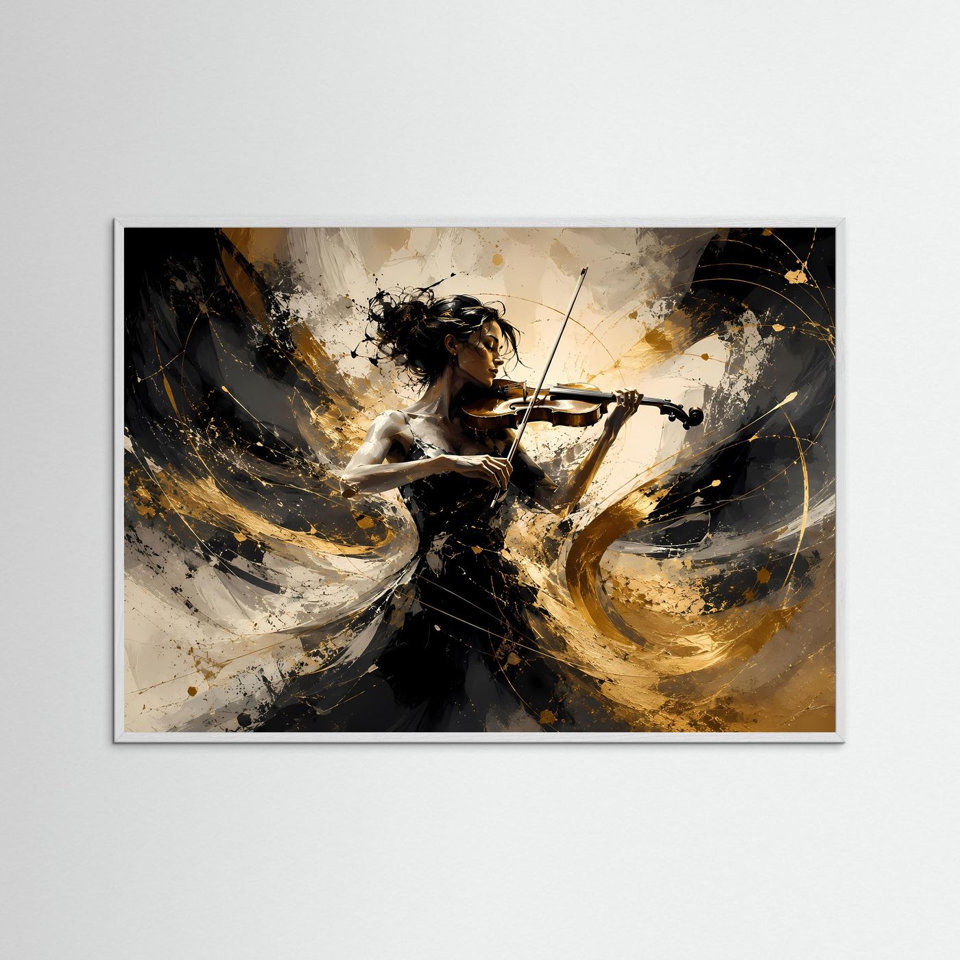 Elegante Geigerin in Gold und Schwarz | Musik & Abstrakte Kunst Wandbild