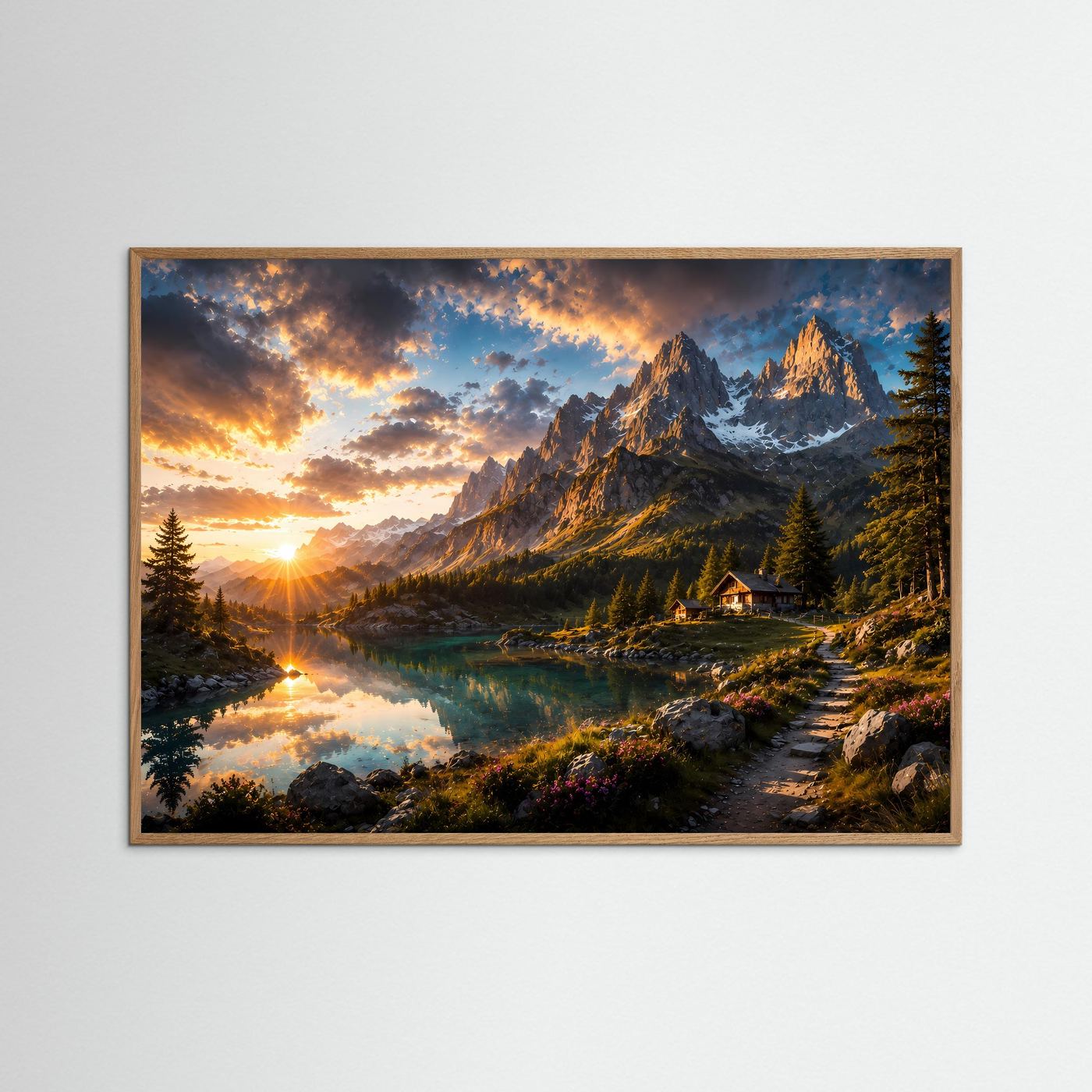 Poster im Querformat mit Alpenlandschaft im hellen Eichenrahmen: See-Spiegelung, Berge und Berghütte