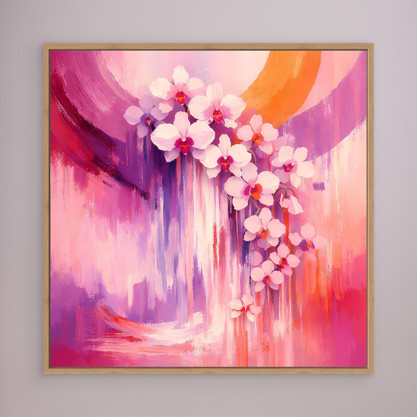 Abstraktes Wandbild mit Orchideenblüten, rosa-violetter Farbverlauf, Holzrahmen
