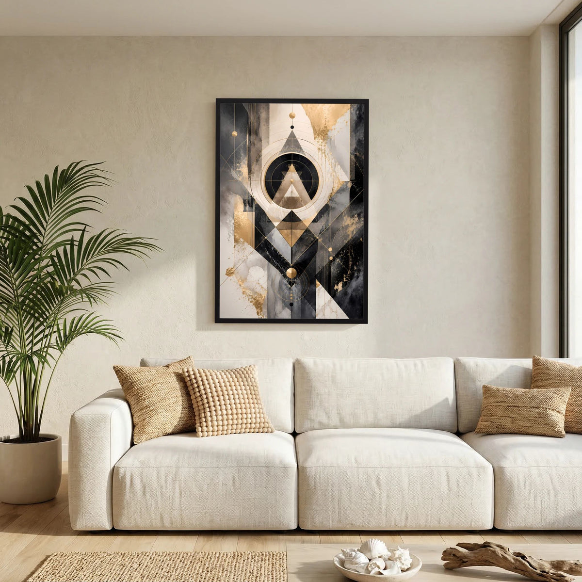 Abstraktes Kunstposter im Hochformat mit gold-schwarzer geometrischer Grafik, im schwarzen Rahmen.