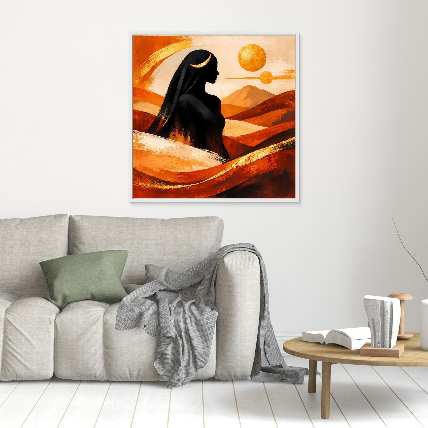 Leinwandbild: Wüstenkönigin mit schwarzer Silhouette, goldene Sonne, Terrakotta, goldener Rahmen