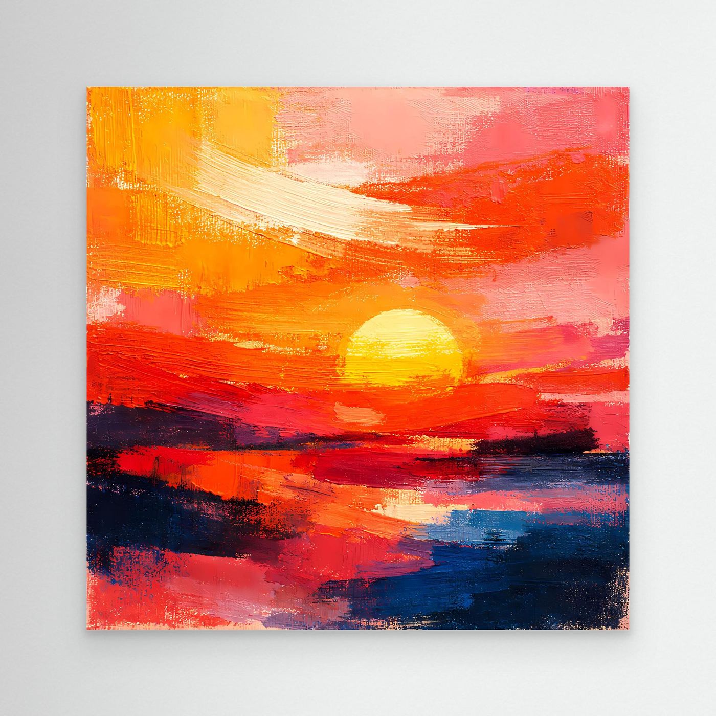 Abstract sunset wall art canvas with glowing sun over layered sea in red, orange, and dark blue.