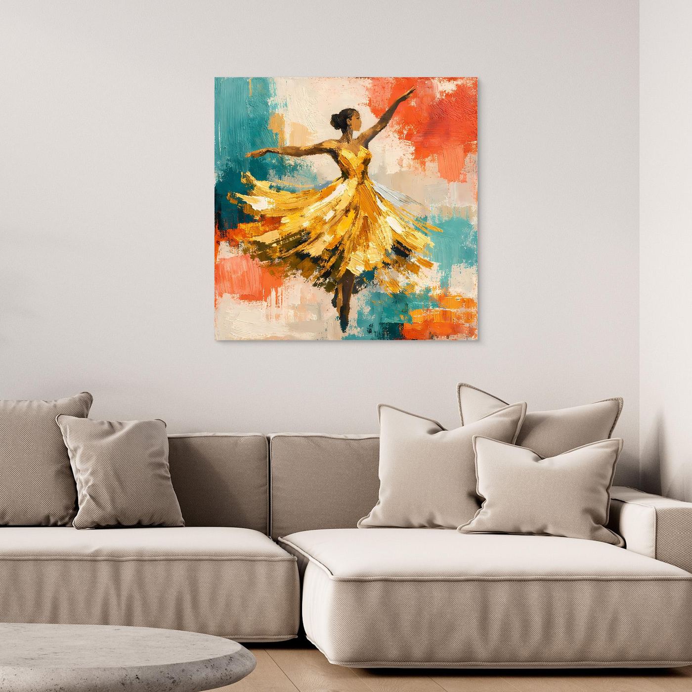 Leinwand-Wandbild mit abstrakter Tänzerin im Modern-Art-Stil, farbenfrohes Gemälde