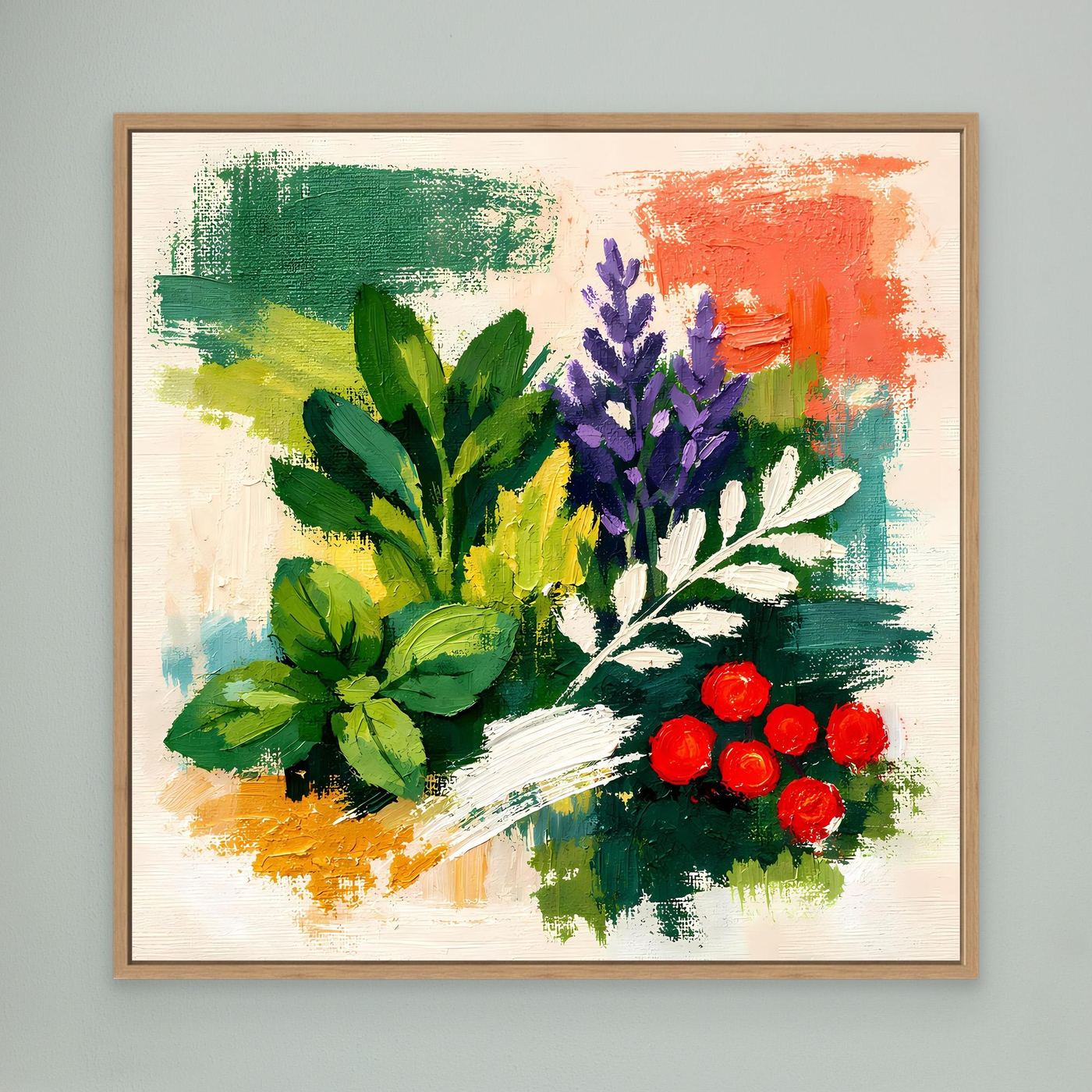 Abstract herb wall art painting with green and purple herbs and red blossoms, in light wood frame