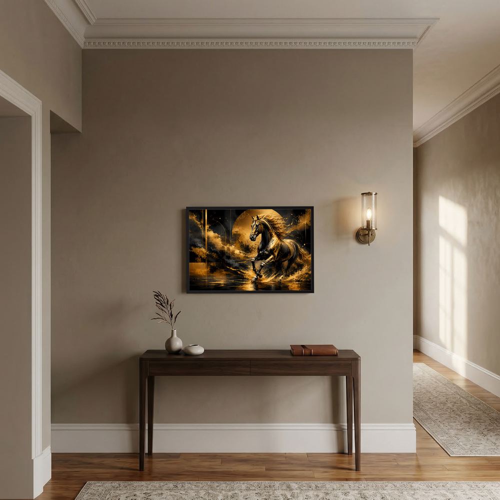 Querformat-Poster mit schwarzem und goldenem Pferdemotiv, gerahmt