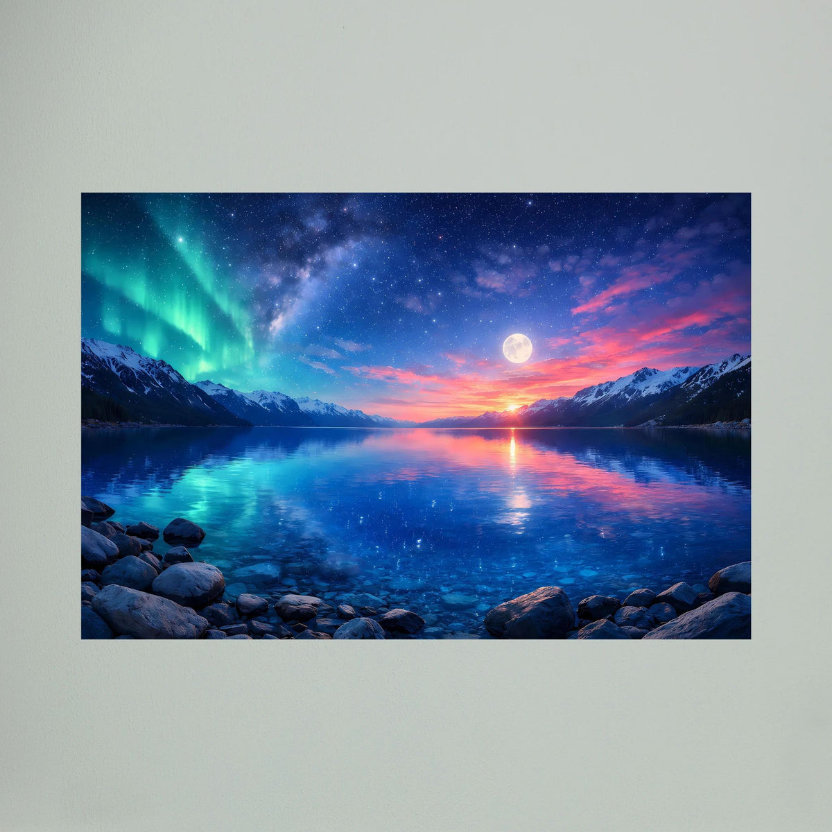 Nahansicht-Wandbild im Querformat: Polarlicht, Mond über See und Felsufer bei Dämmerung
