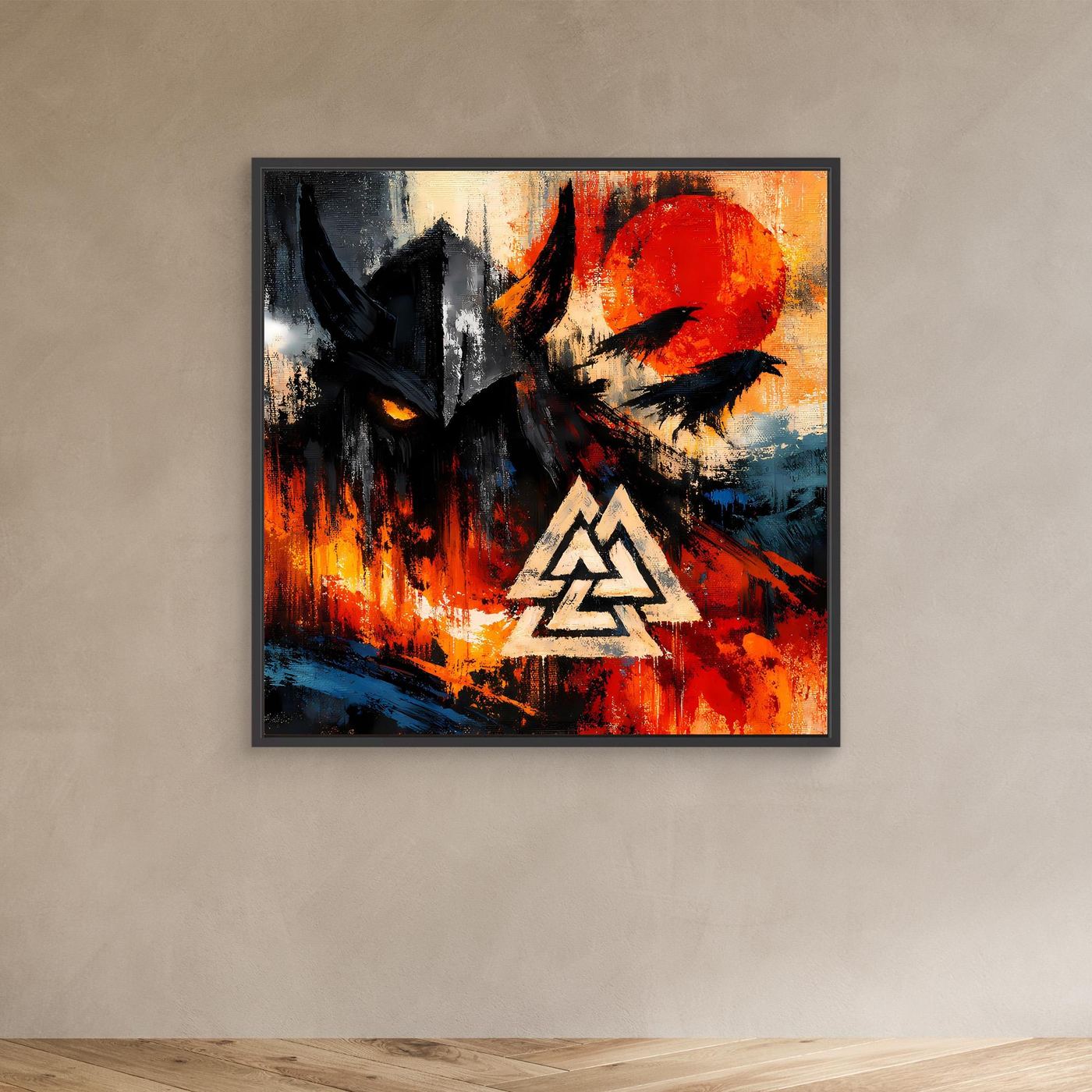 Leinwand-Wandbild mit abstraktem Raben und Valknut-Symbol, schwarzer Rahmen