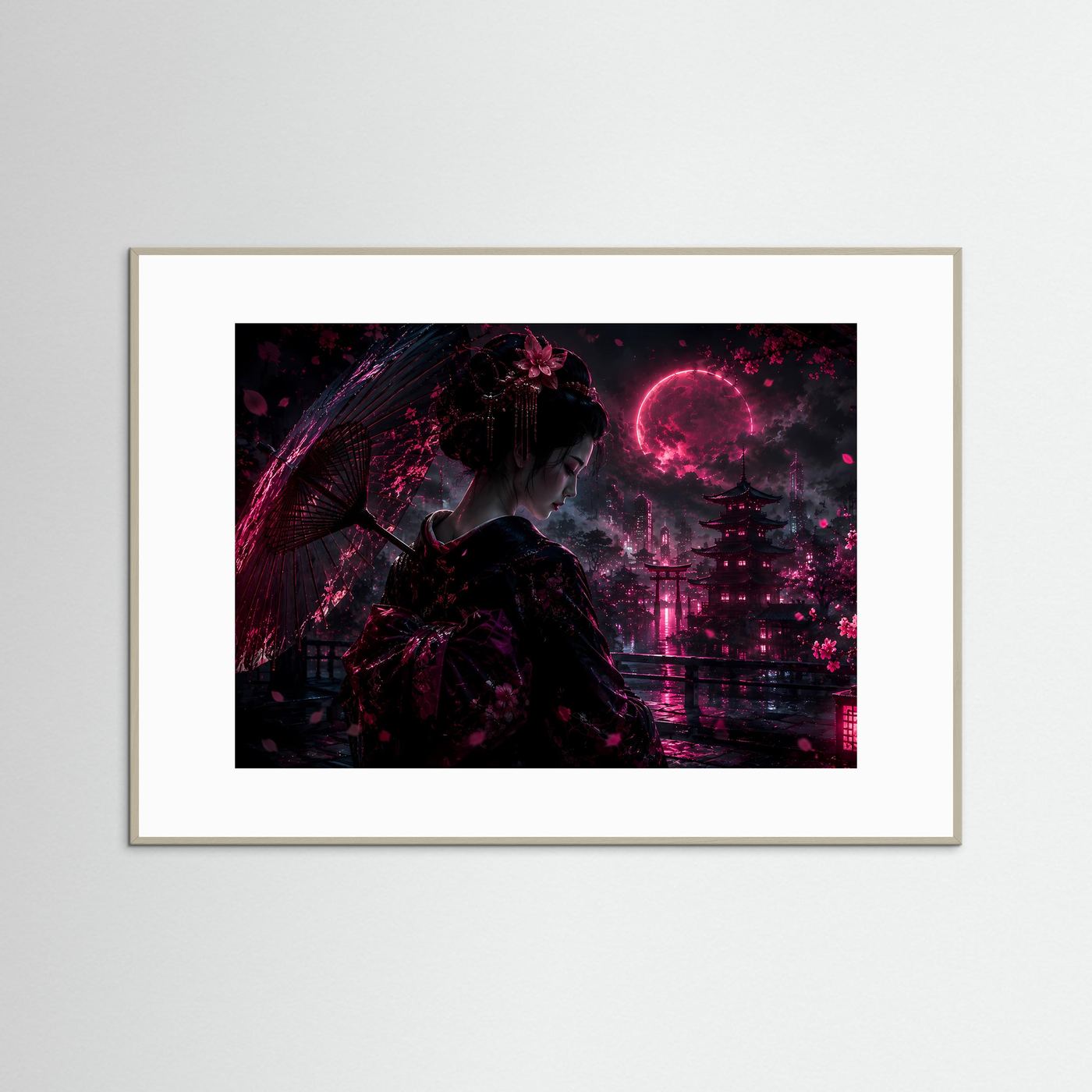 Geisha bei Nacht in Neon Pink | Japanische Cyberpunk Kunst mit Mond & Pagode
