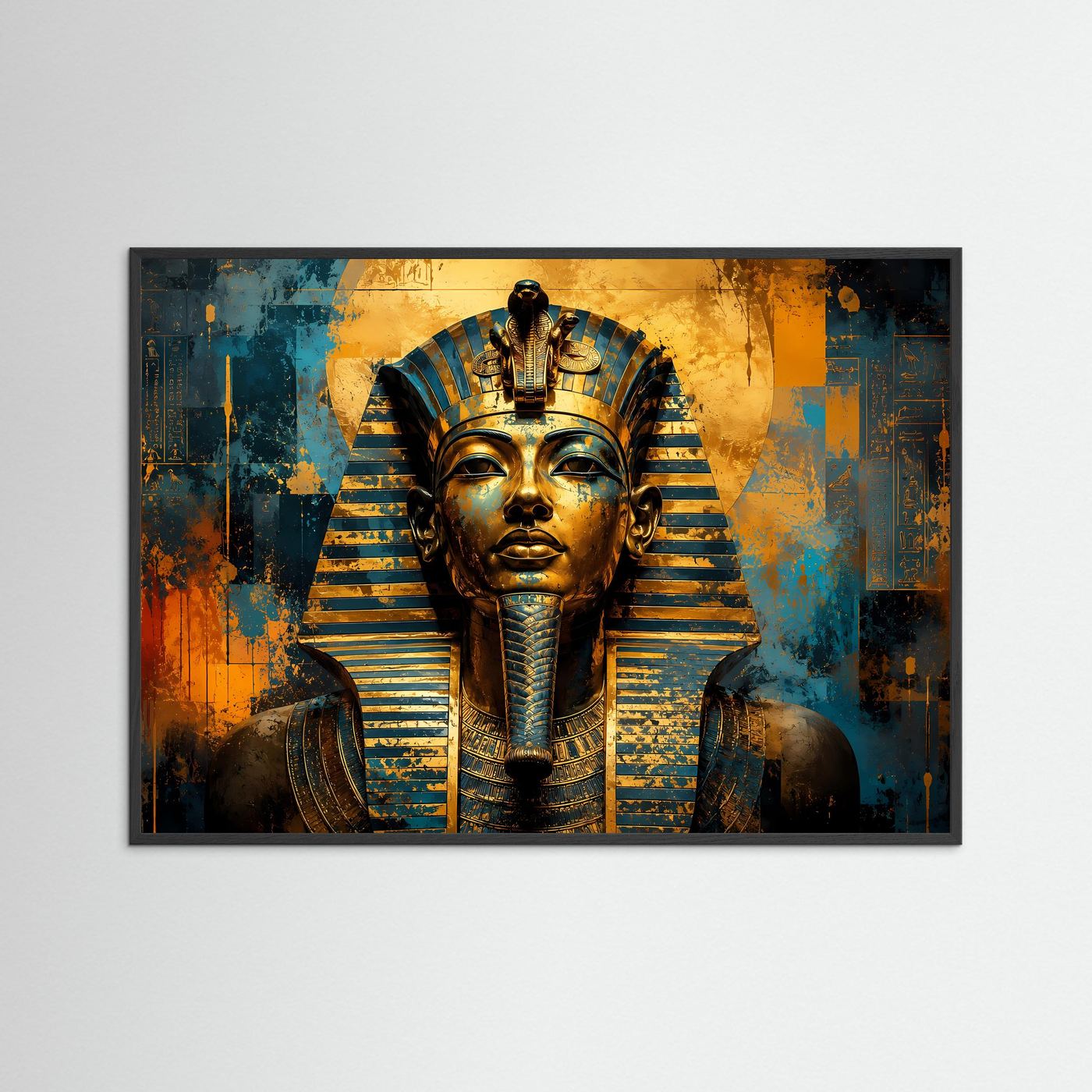 Wandbild mit Pharao-Porträt: goldene und blaue Kopfbedeckung, schwarzer Rahmen, breit
