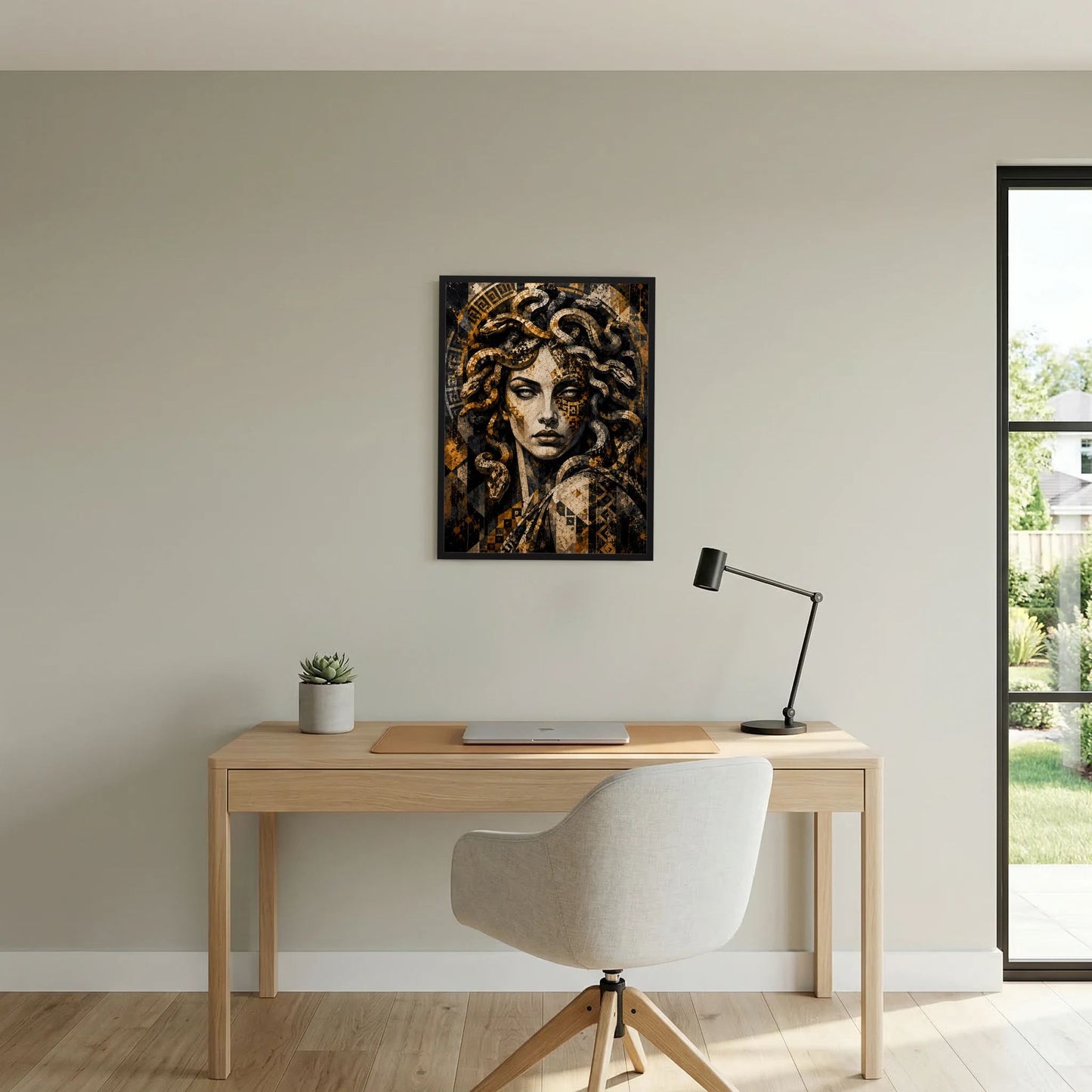 Wandposter mit Medusa-Relief-Look, gold-schwarzes Mosaik mit Schlangenornamenten