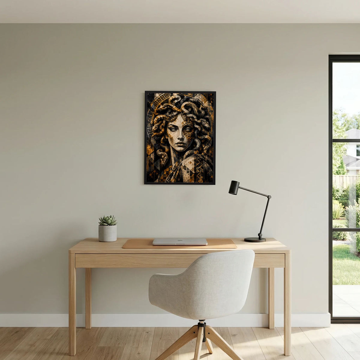 Wandposter mit Medusa-Relief-Look, gold-schwarzes Mosaik mit Schlangenornamenten
