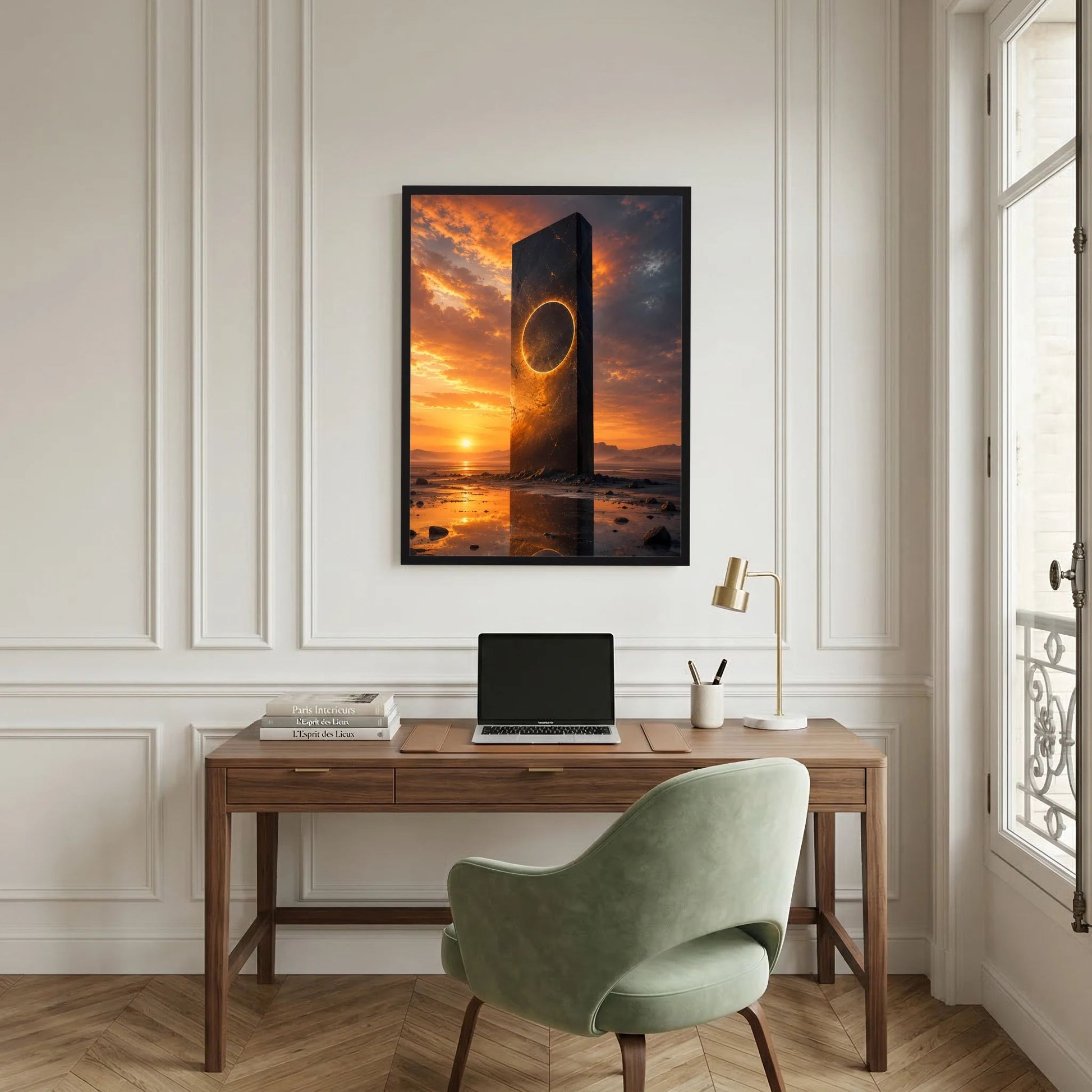Hochformatiges Poster mit schwarzem Portal-Monolithen, goldener Öffnung und Meerblick bei Sonnenuntergang