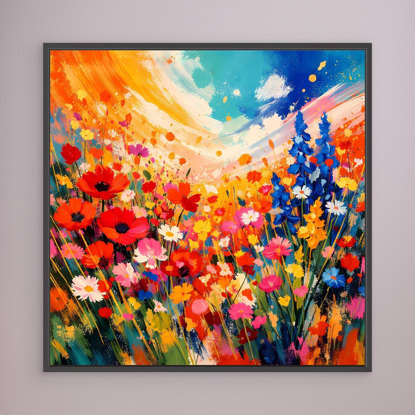 Leinwandbild mit farbenfrohem Blumenwiesen-Motiv, dunkler Rahmen, abstrakte Blüten