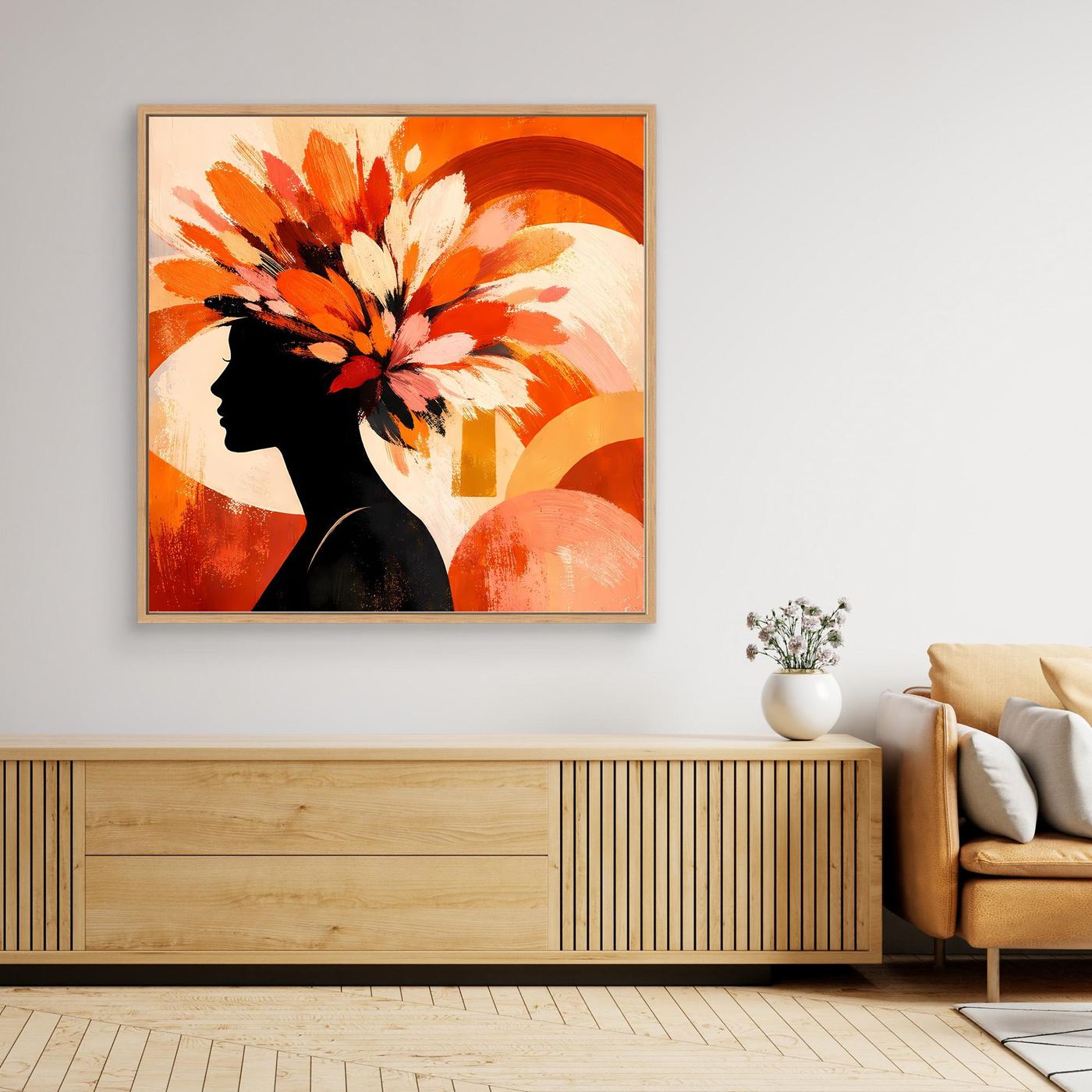 Leinwandbild mit Frauen-Silhouette im Profil und Blumen in Orange/Weiß, schwarz- und beigetönter Rahmen