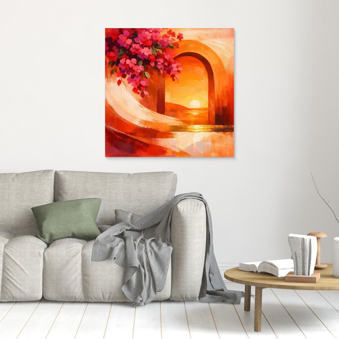 Leinwandbild mit Torbogen, pinken Blüten und Sonnenuntergang, klein im Holzrahmen