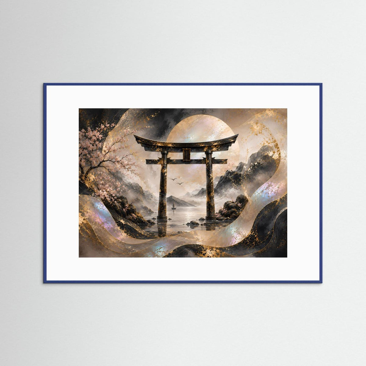 Poster mit japanischem Torii über Wasser, Gold- und Perlmutt-Design, blauer Rahmen