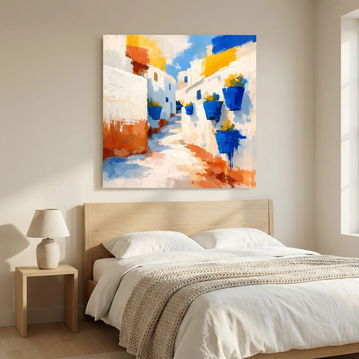 Abstraktes Leinwand-Wandbild mit blauen Blumentöpfen an einer hellen Gasse