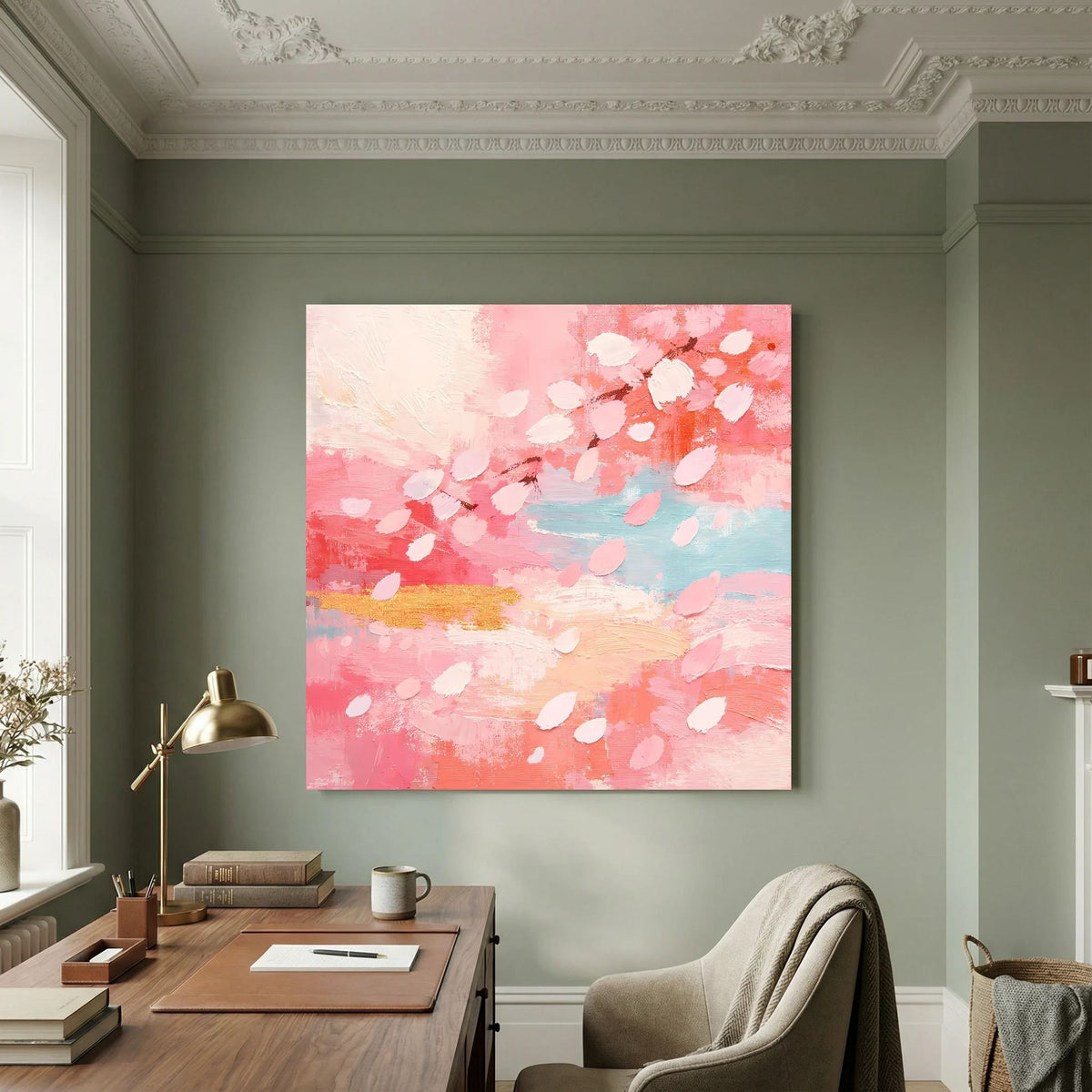Quadratisches Leinwandbild mit abstrakten Kirschblütenblättern in Pastellrosa und Hellblau