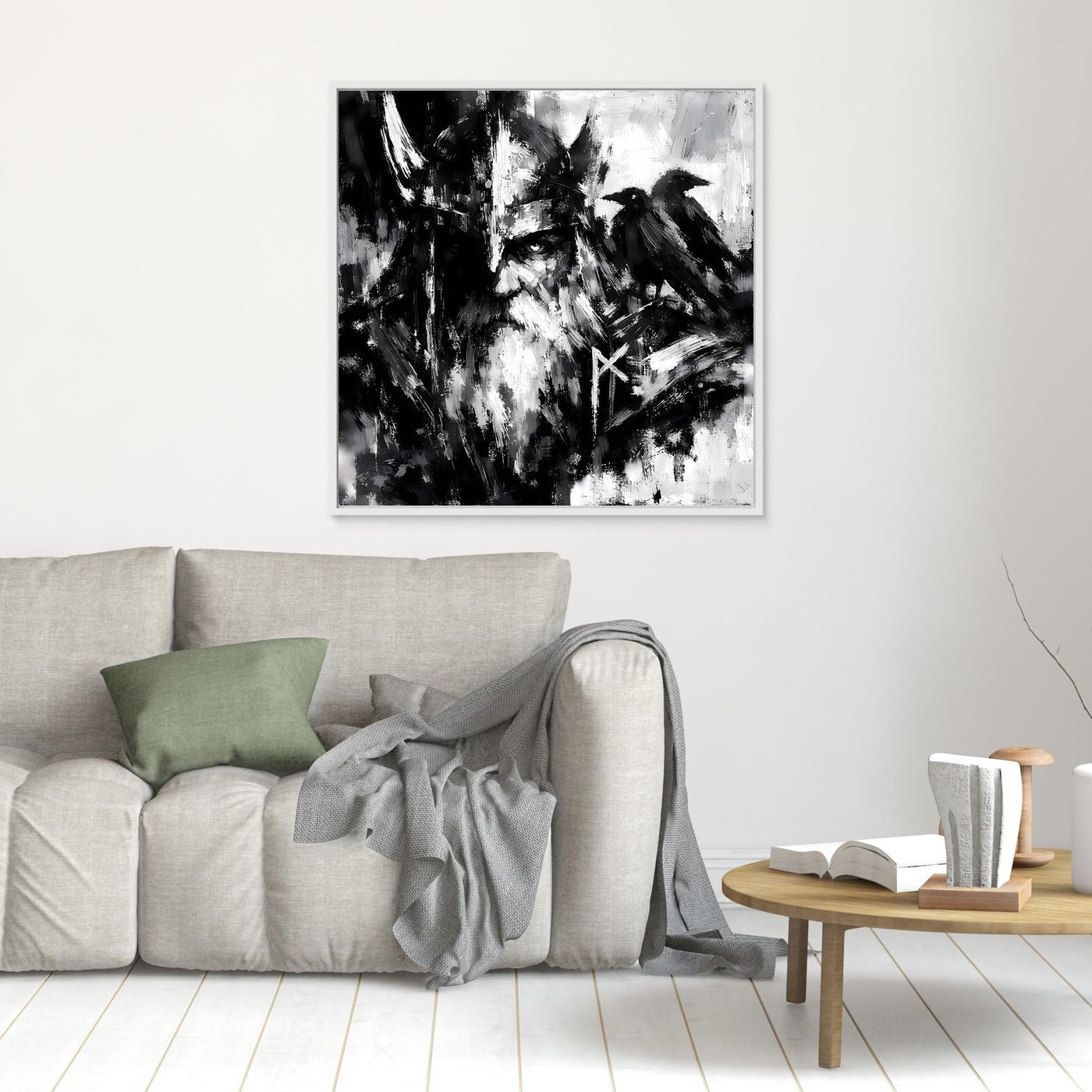 Kleines Leinwand-Wandbild mit Odin-Porträt, Rabe und Runensymbol in Schwarzweiß, weiß gerahmt.