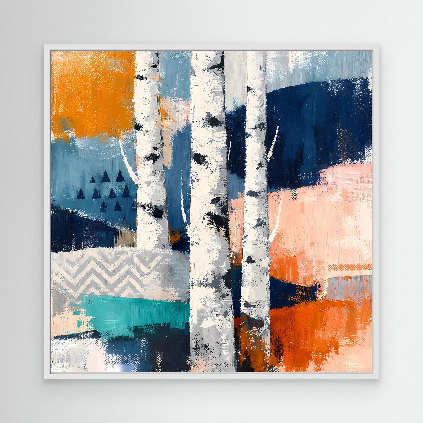 Abstraktes Leinwandbild Birkenwald-Motiv mit weißem Rahmen, orange-blaue Flächen