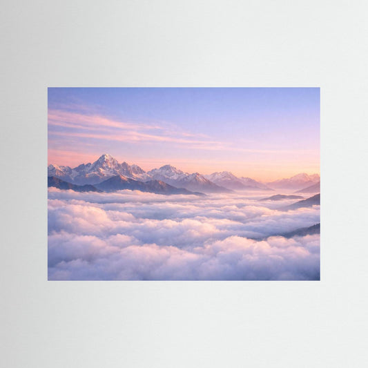 Alpenpanorama-Poster Querformat: schneebedeckte Berge über Wolken, ohne Rahmen