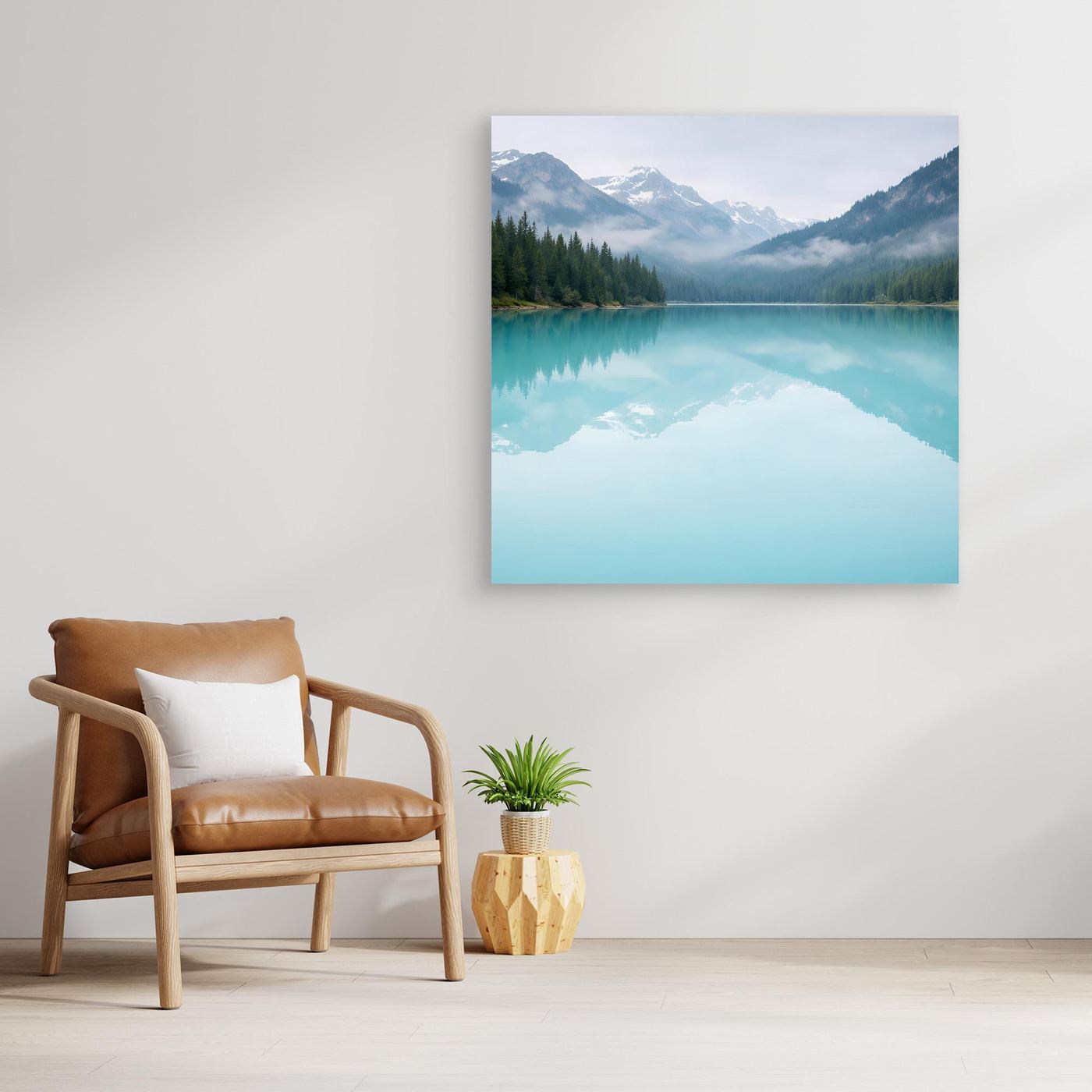 Leinwandbild mit türkisfarbenem Bergsee, Bergen und Spiegelung, ohne sichtbaren Rahmen.
