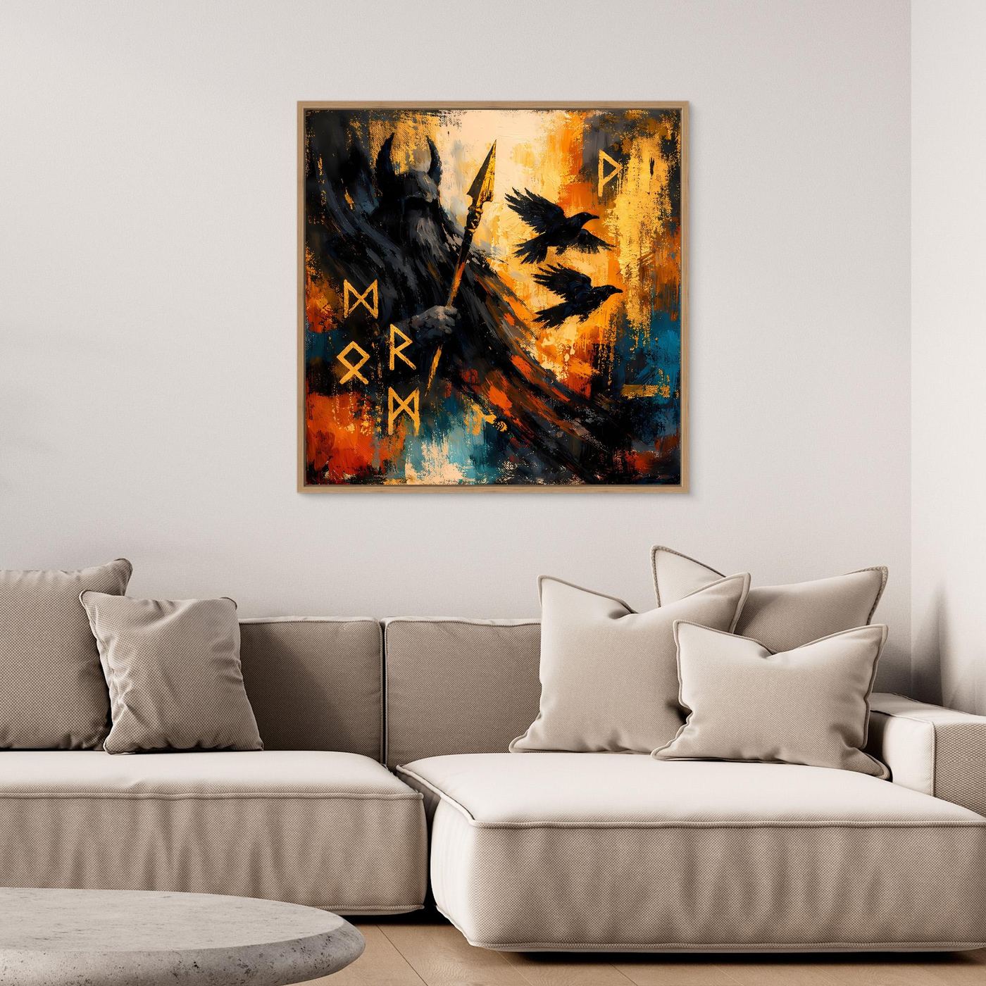 Gerahmtes Quadratisches Leinwandbild: Odin, Rabe und Speer mit bunten Farbflächen